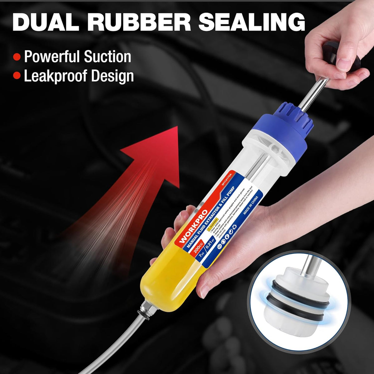 Fluid extractor with blue pump and yellow reservoir, dual rubber sealing at tube connection