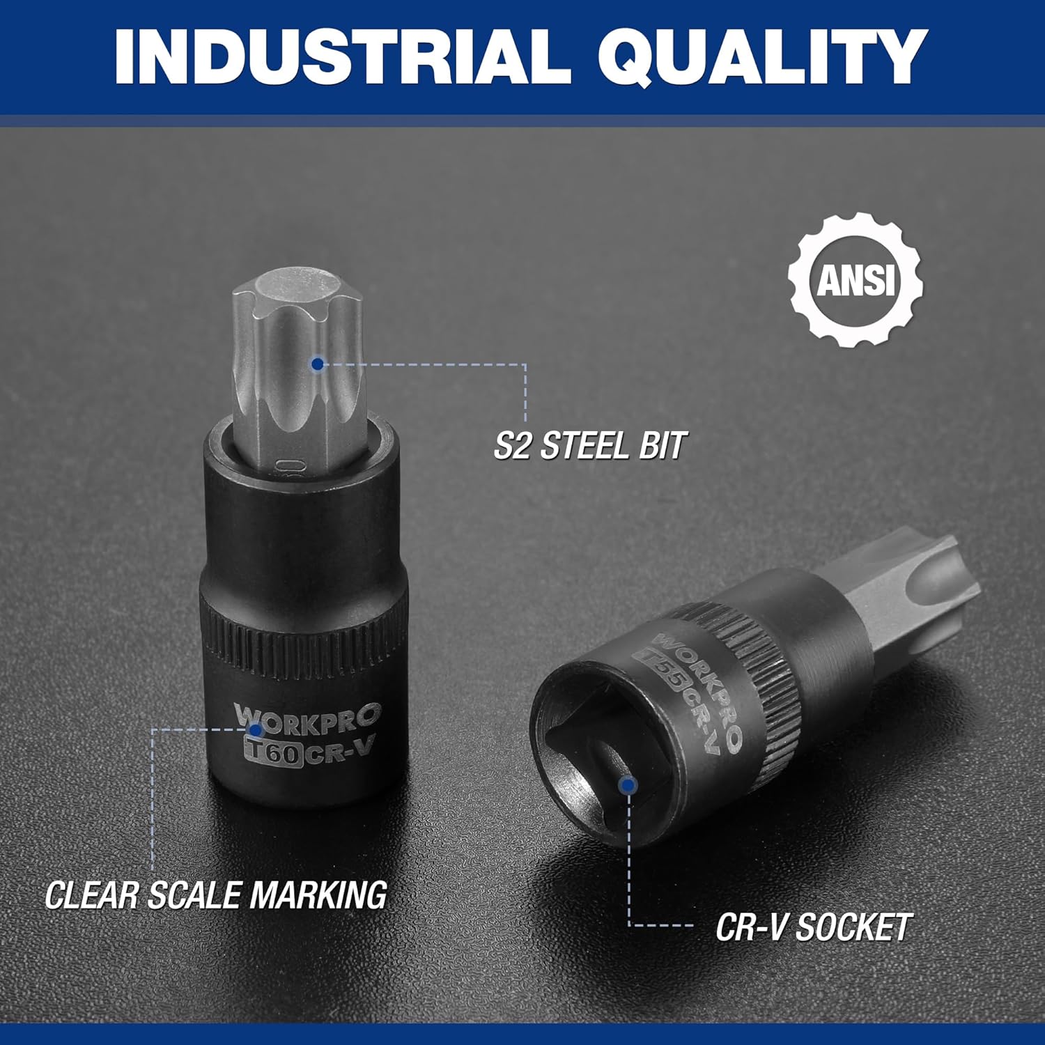 S2 steel Torx bit socket with CR-V socket end and clear size marking