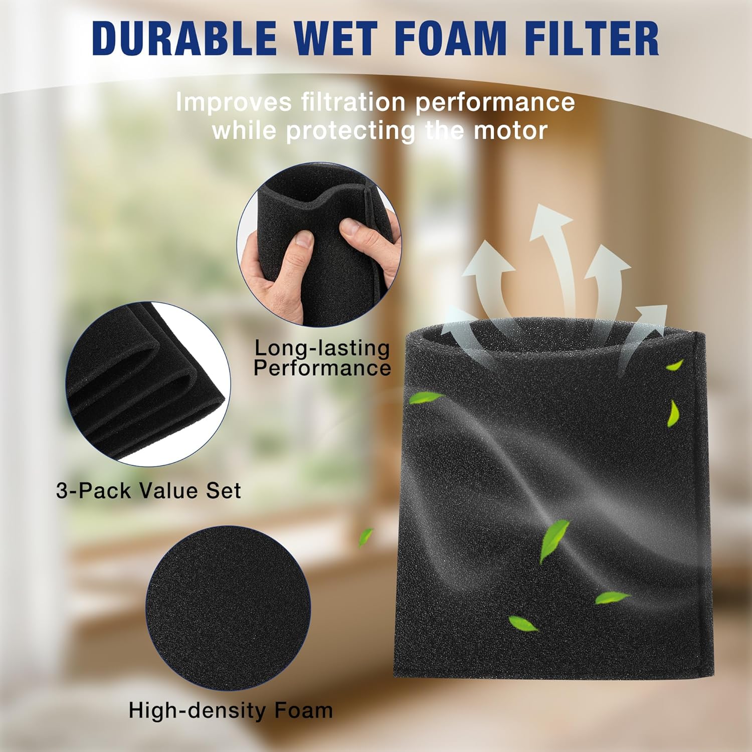 Black high-density foam wet vacuum filter, 3-pack shown