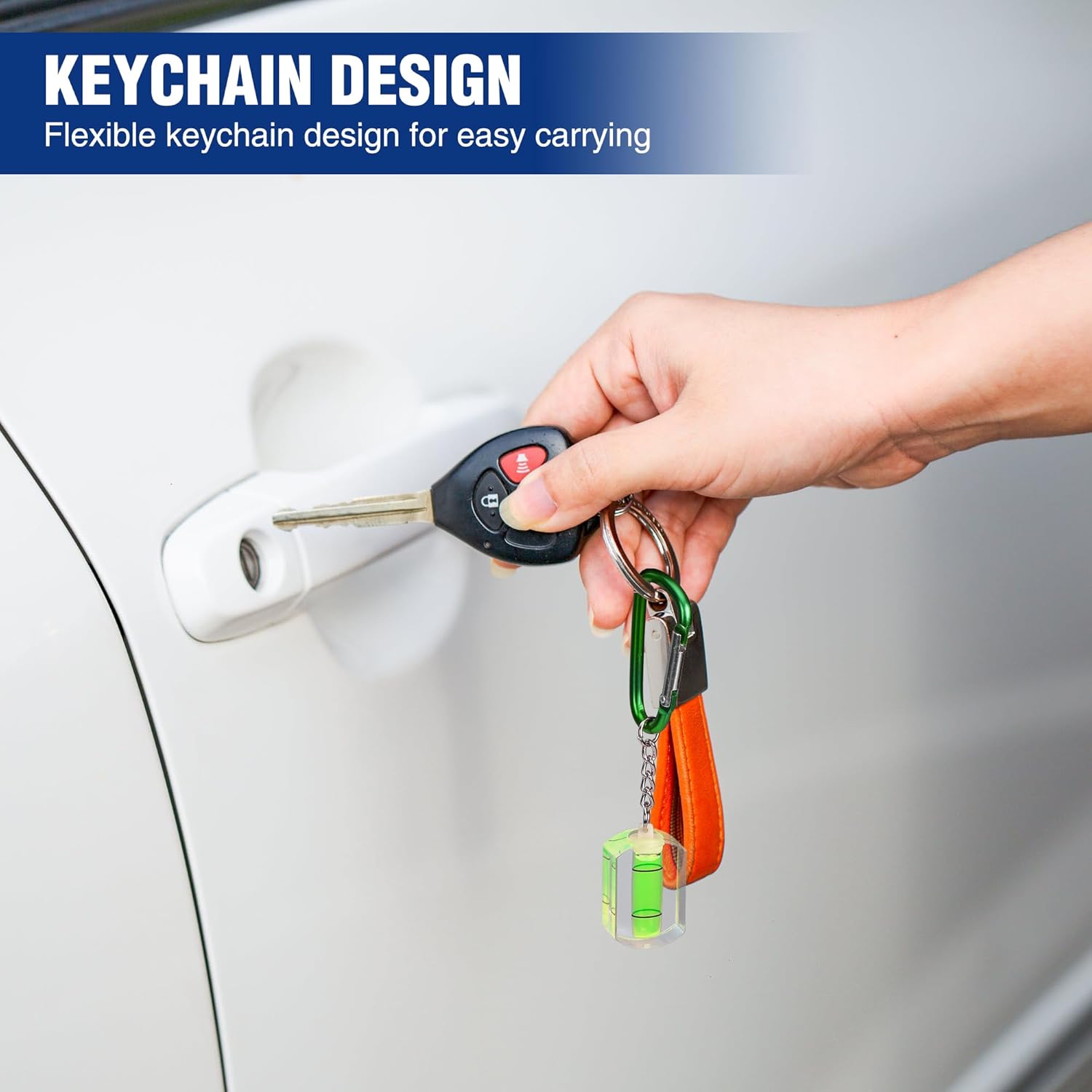 Mini bubble level keychain with green carabiner attached to metal key ring