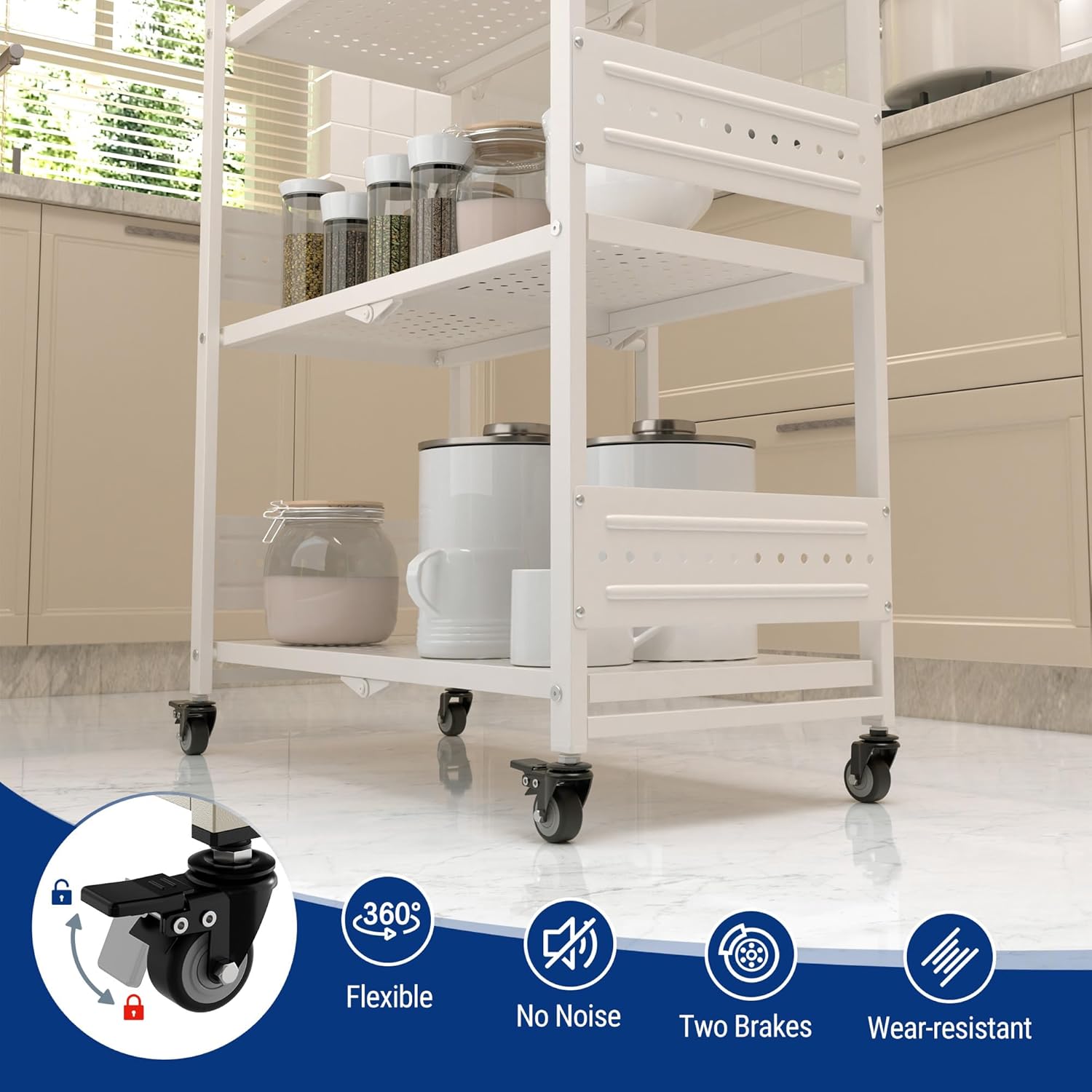 White ventilated 5-tier folding storage rack with wheels, holding kitchen containers.