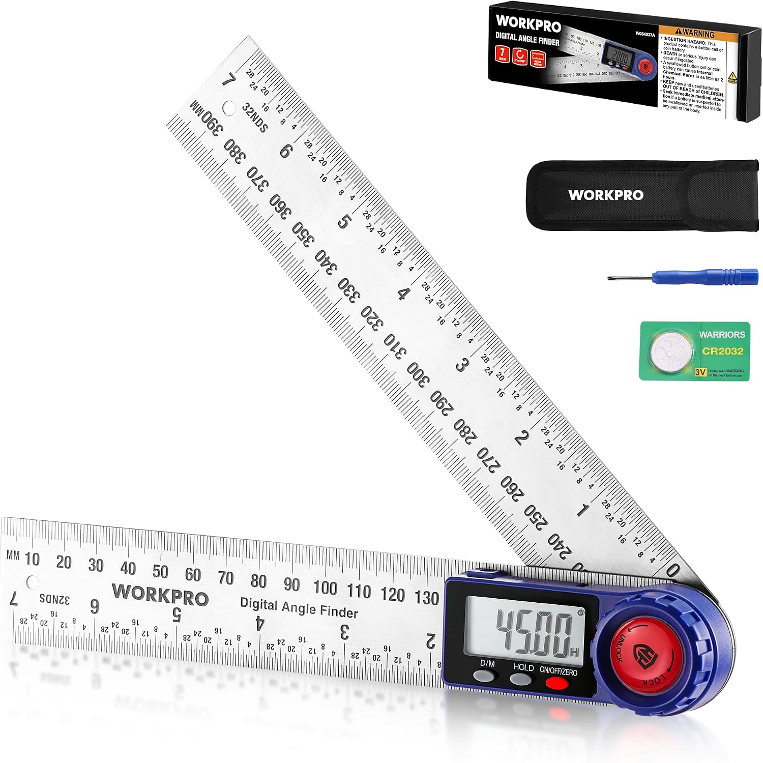 Blue digital angle finder tool with LCD display, red lock dial, and stainless measurement scale