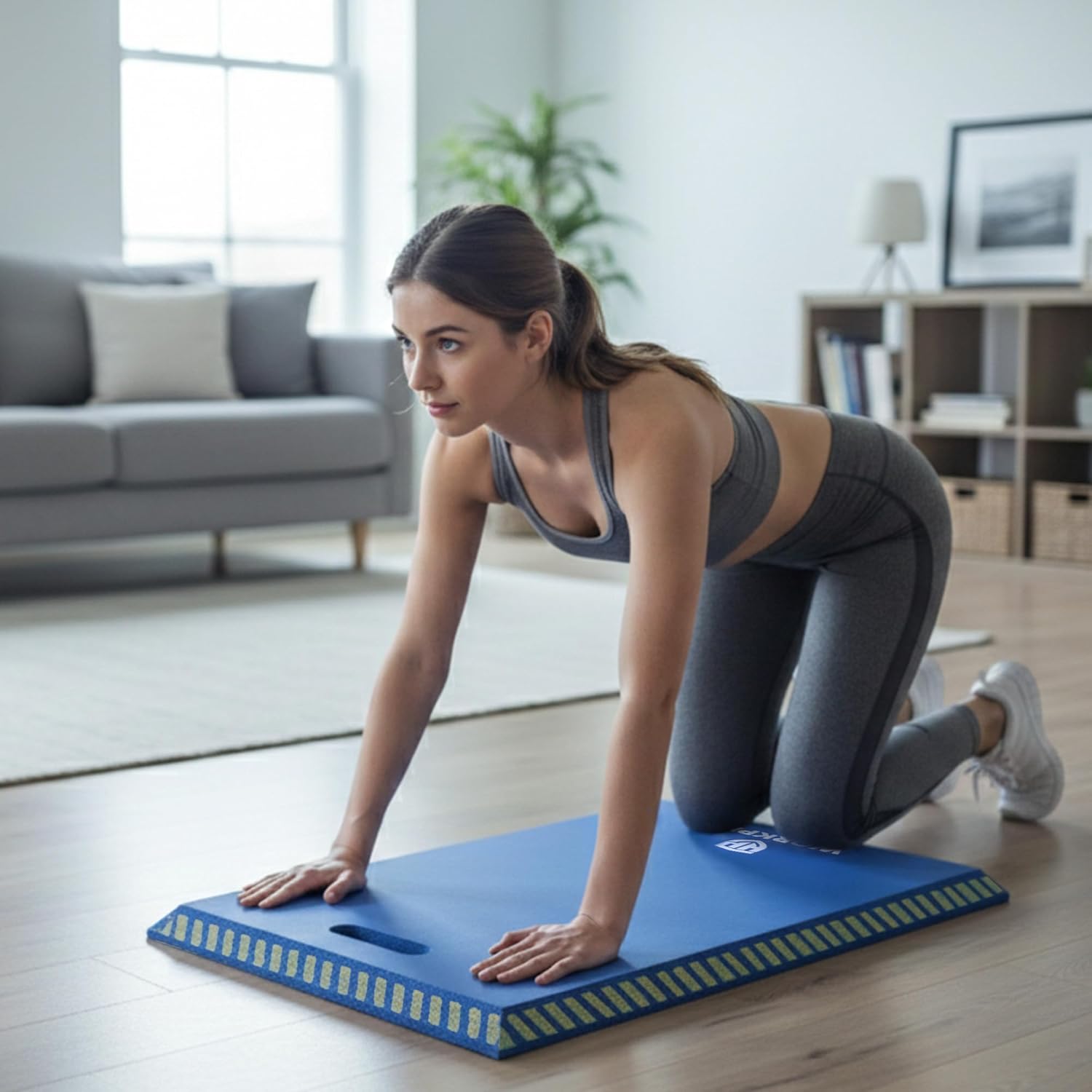 Blue thick kneeling and workout pad with non-slip yellow ridged edge cushioning.