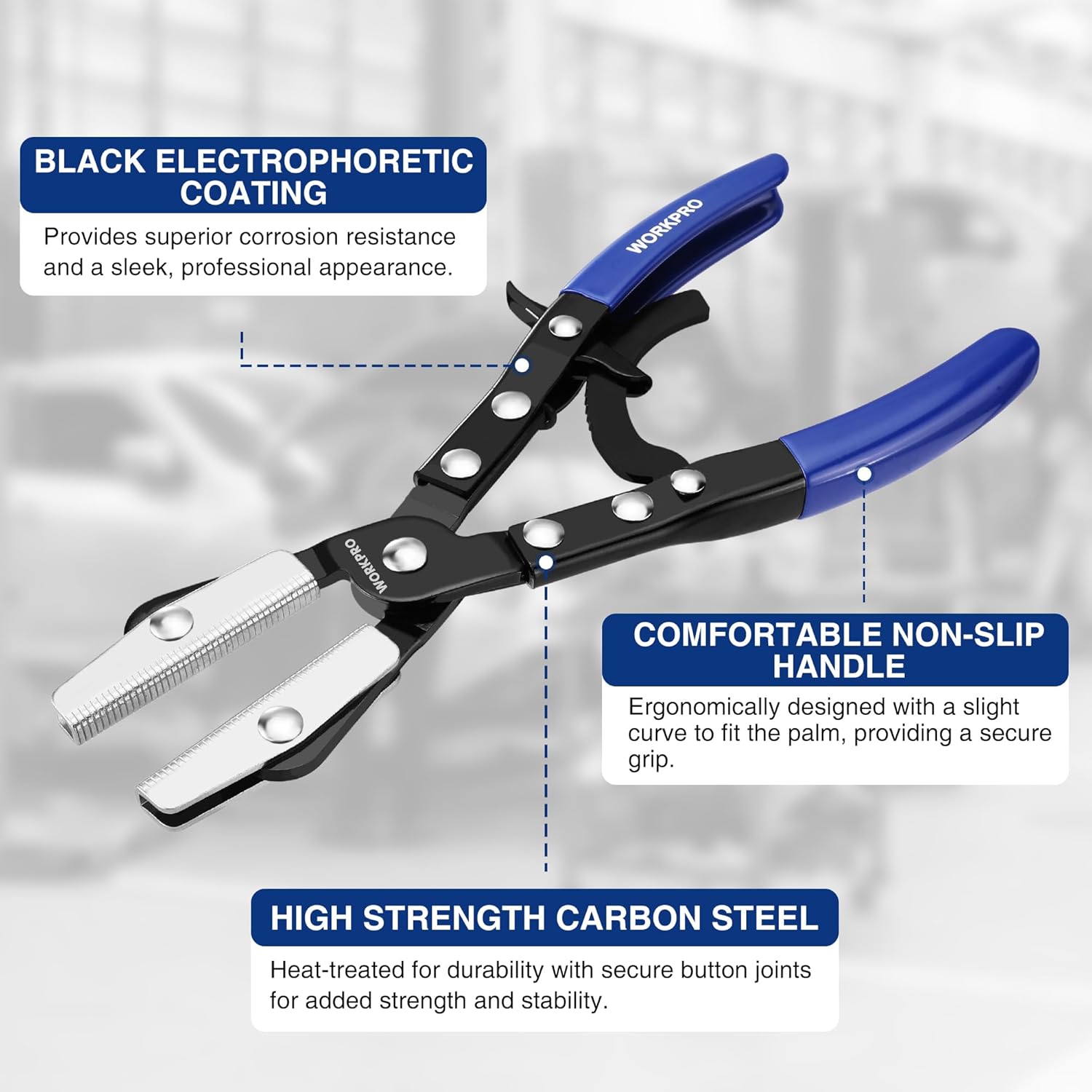 WORKPRO hose pinch pliers set with black electrocoated handles and non-slip blue grips