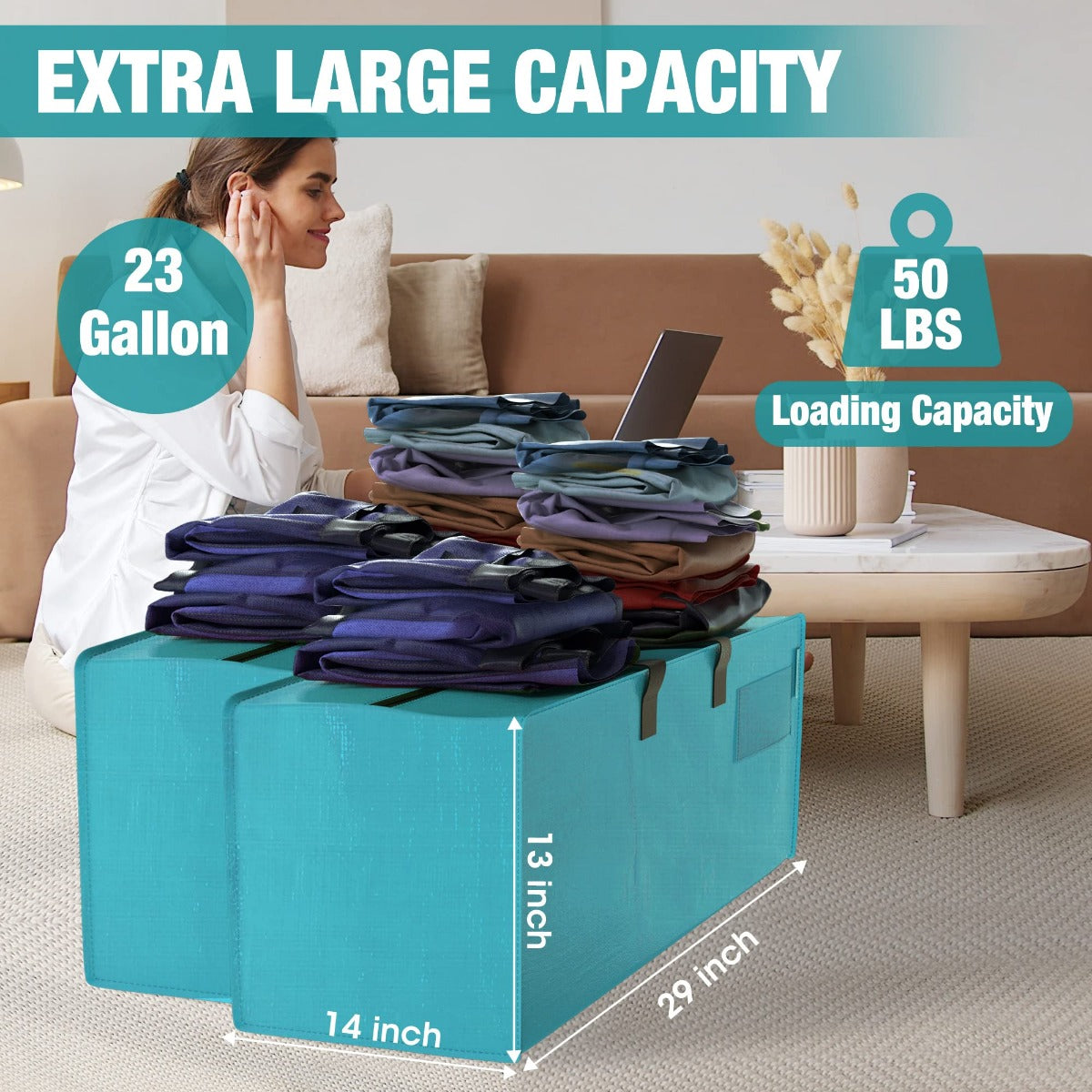 Blue extra-large storage tote bag with black handles and zippered top, stacked