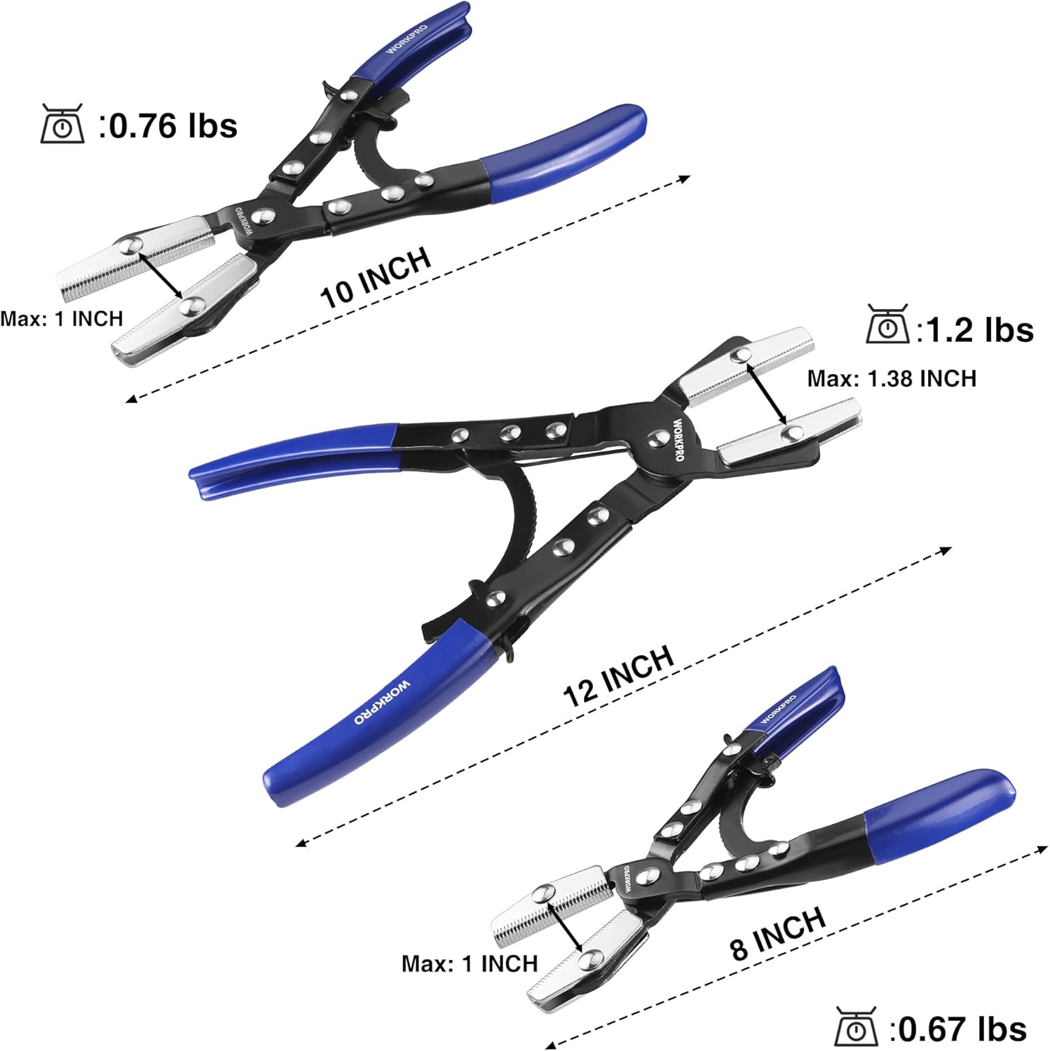 WORKPRO hose pinch pliers with size markings: 8 in, 10 in, and 12 in