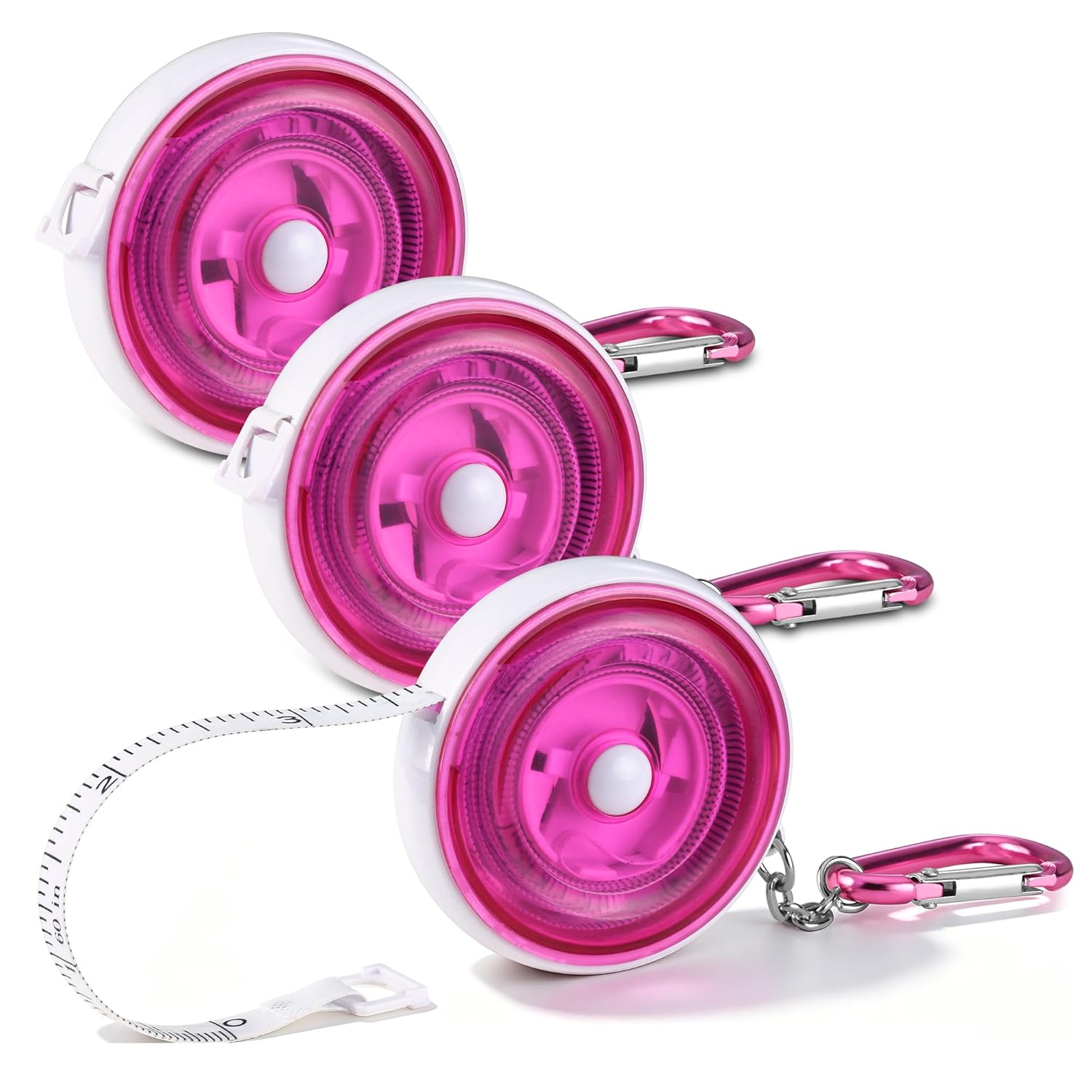 3-pack retractable pink tape measures with white cases and metal carabiner clips