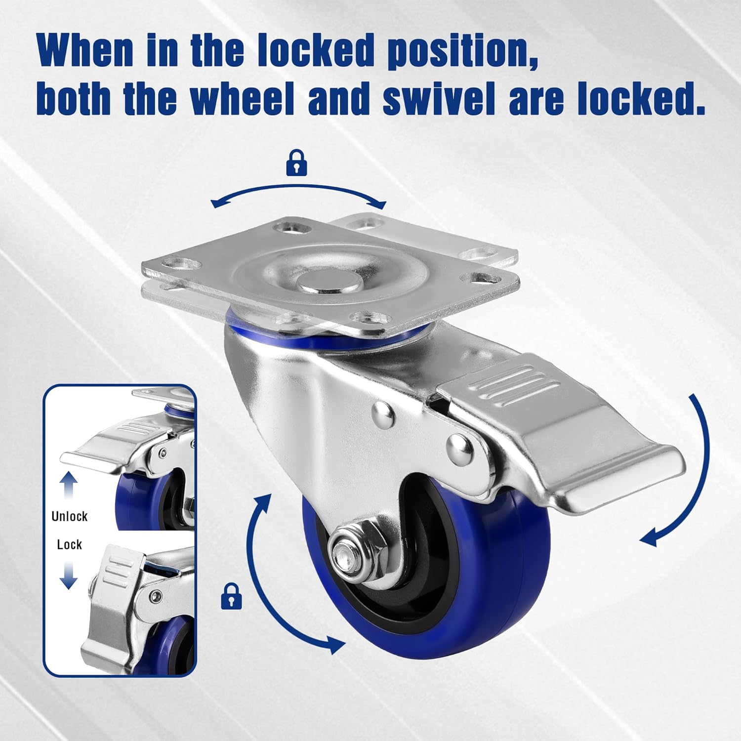 Silver swivel caster with blue wheel, swivel lock and brake shown on the side lever