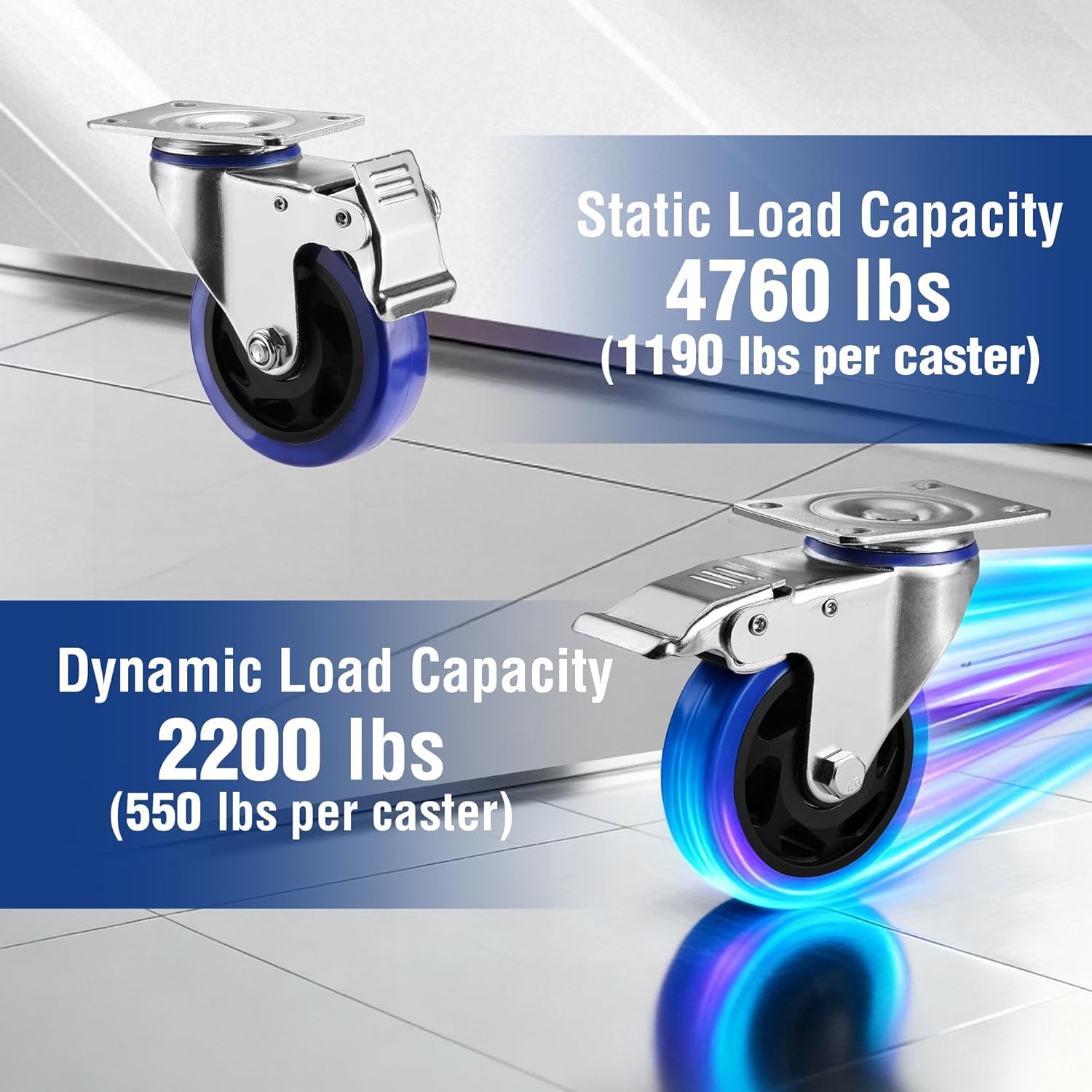 Swivel caster with brake, blue PU wheel with black tread, steel yoke and mounting plate