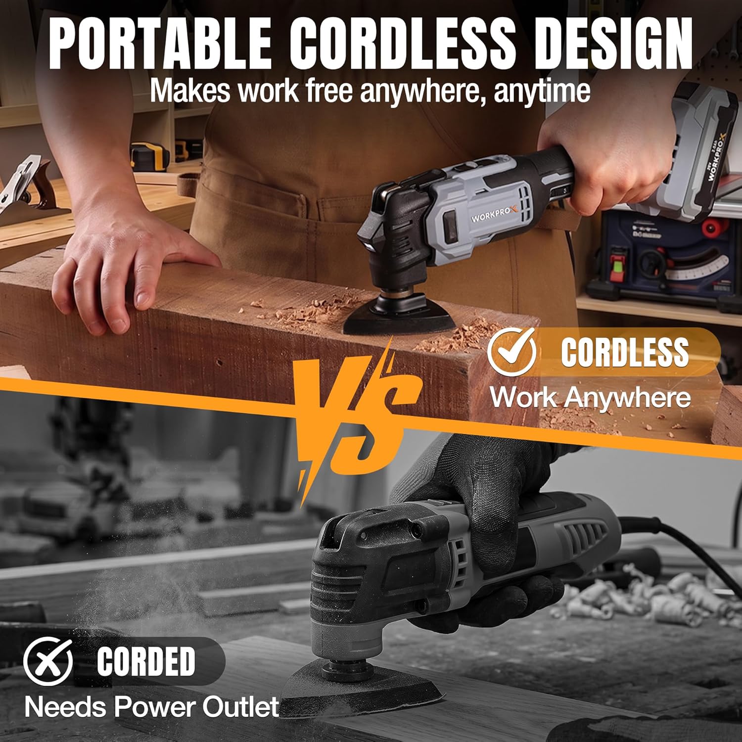 Portable cordless oscillating multi-tool used on a wood board without a power cord