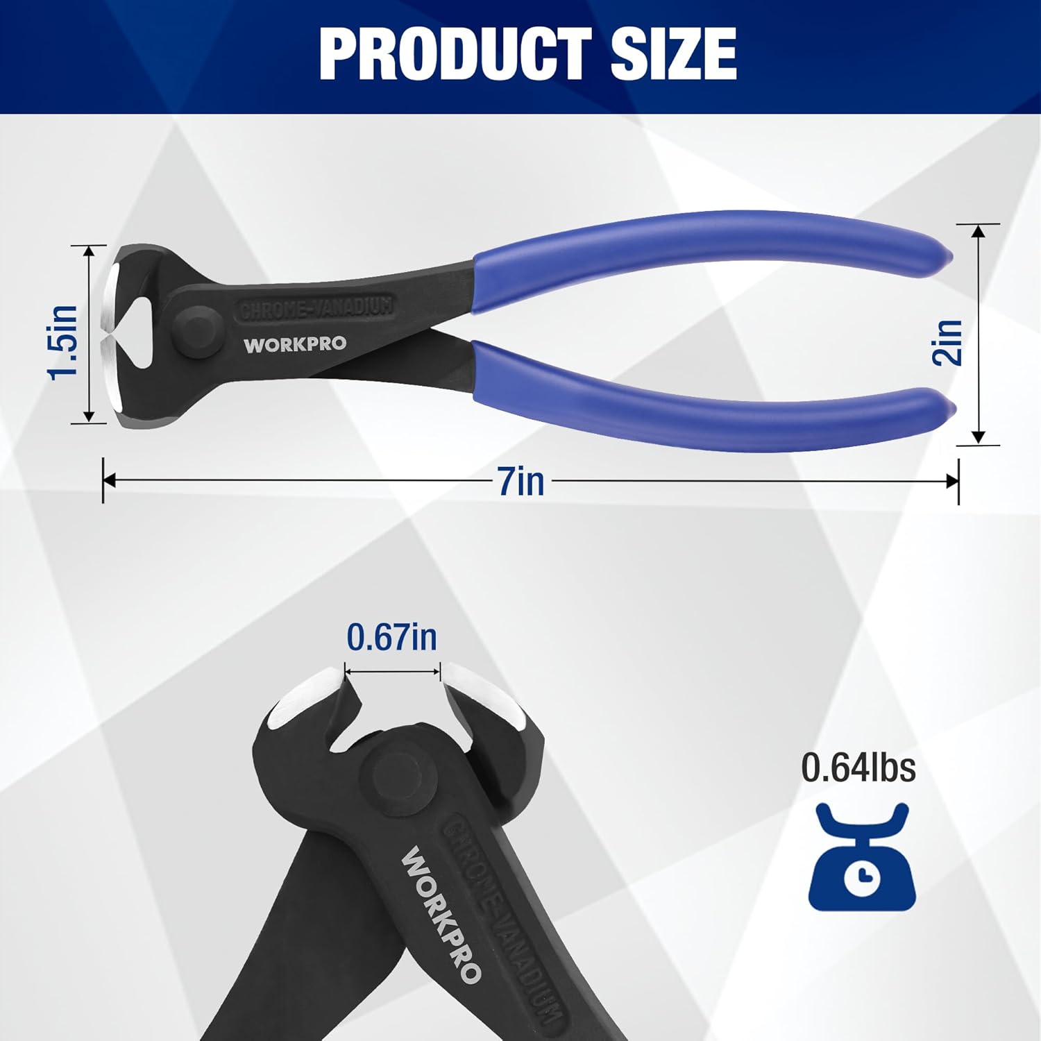 7 in WORKPRO end cutting pliers with blue grips, black body, and silver jaws.
