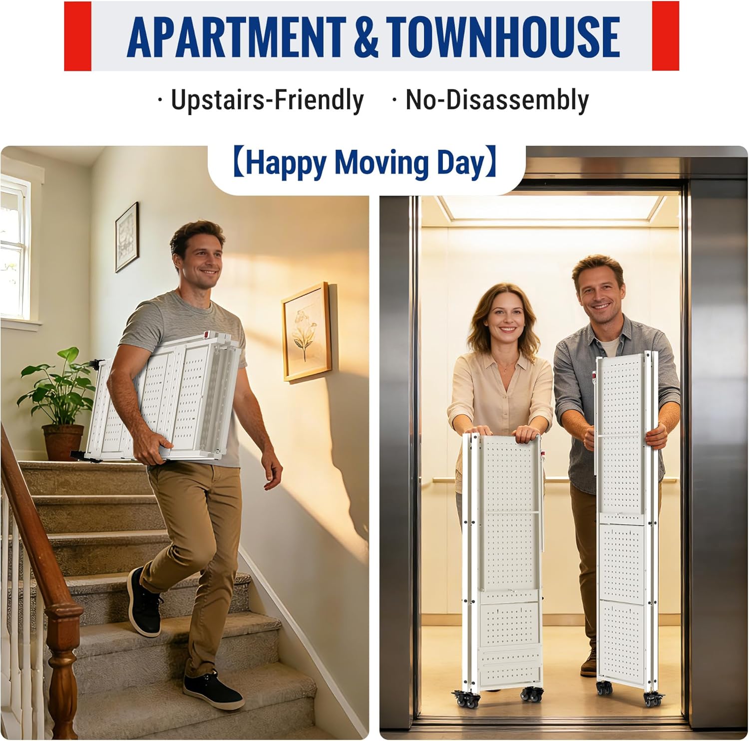 White folding metal storage rack on wheels, upright and ready for indoor use.