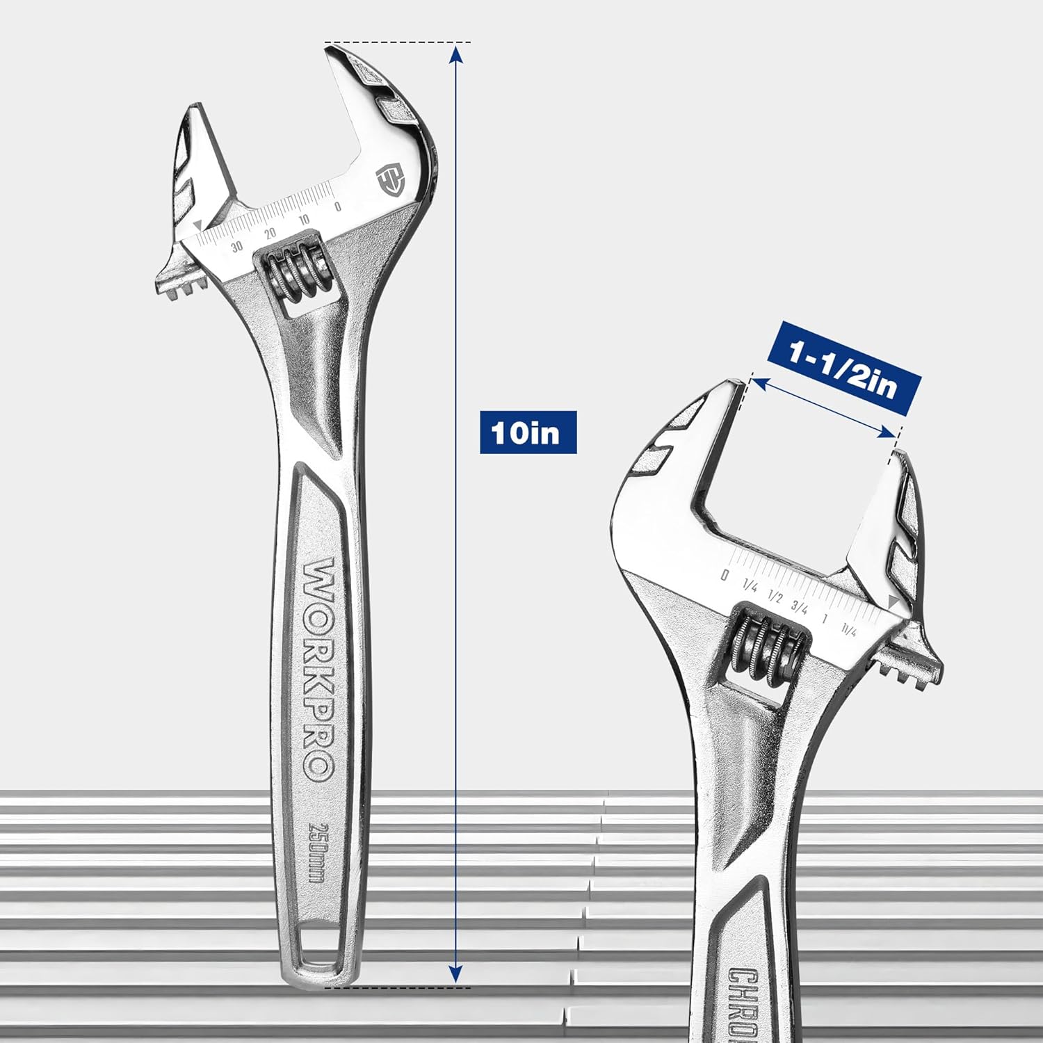 10-inch adjustable wrench with engraved inch scale and wide adjustable jaw