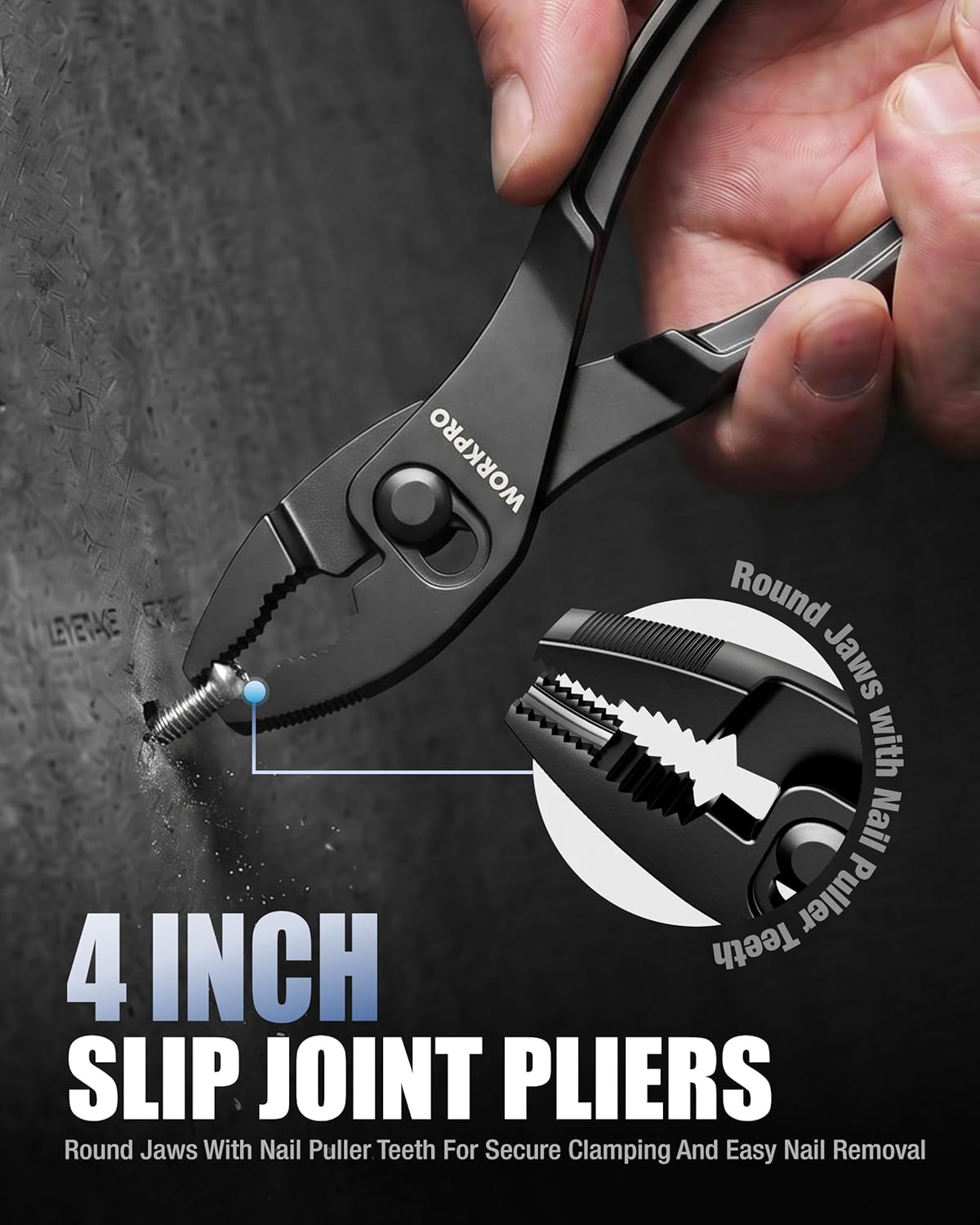 WORKPRO 4-inch slip-joint pliers with round jaw tips and multi-step adjustment