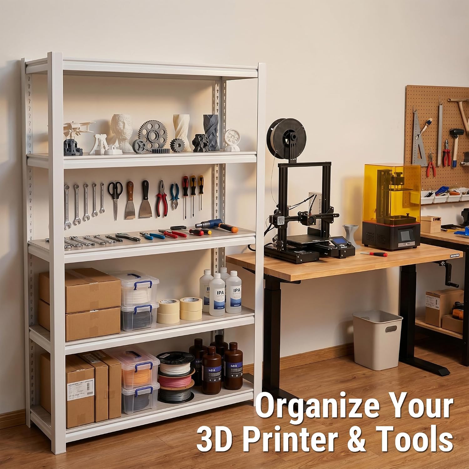 White 5-tier storage shelf organizing tools and small containers in a home workshop
