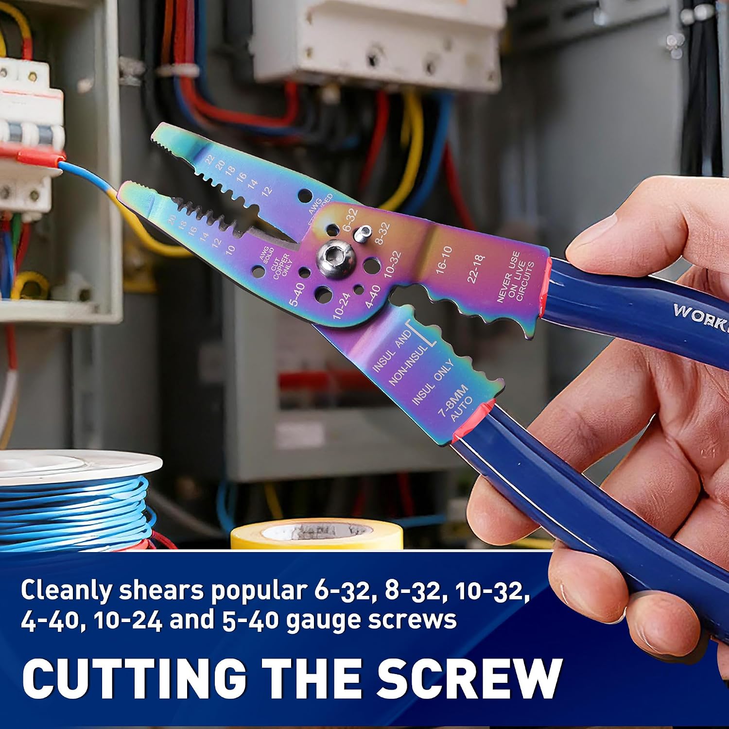 Wire stripper and crimping tool used in an electrical panel with rainbow-coated cutting jaws