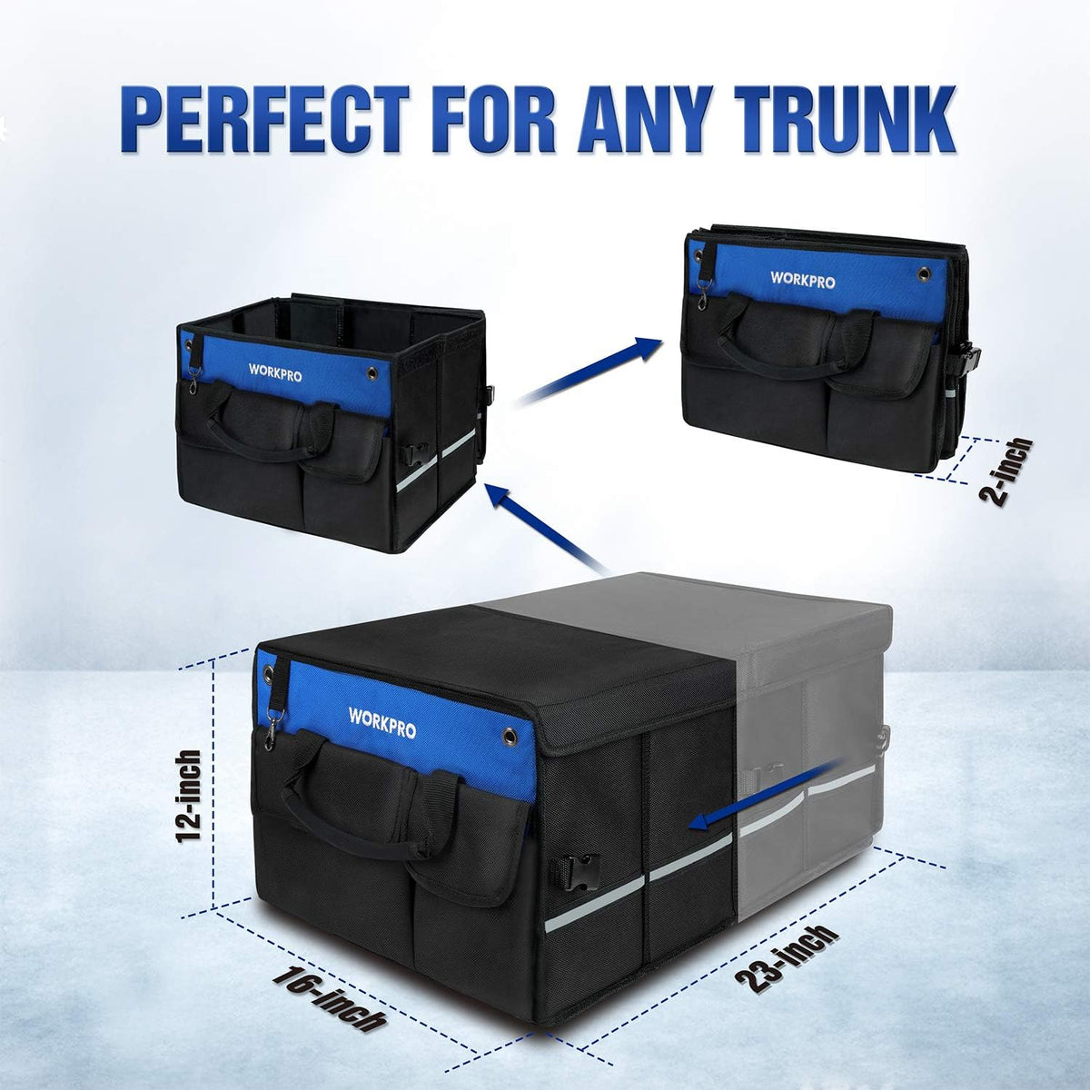 Collapsible car trunk organizer with lid, black with blue top panel and side handles.
