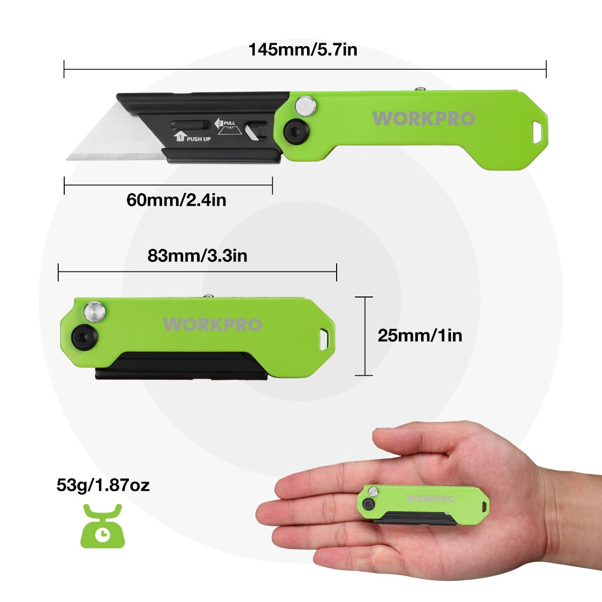 WORKPRO folding utility knife, lime green body with blade extended, size shown