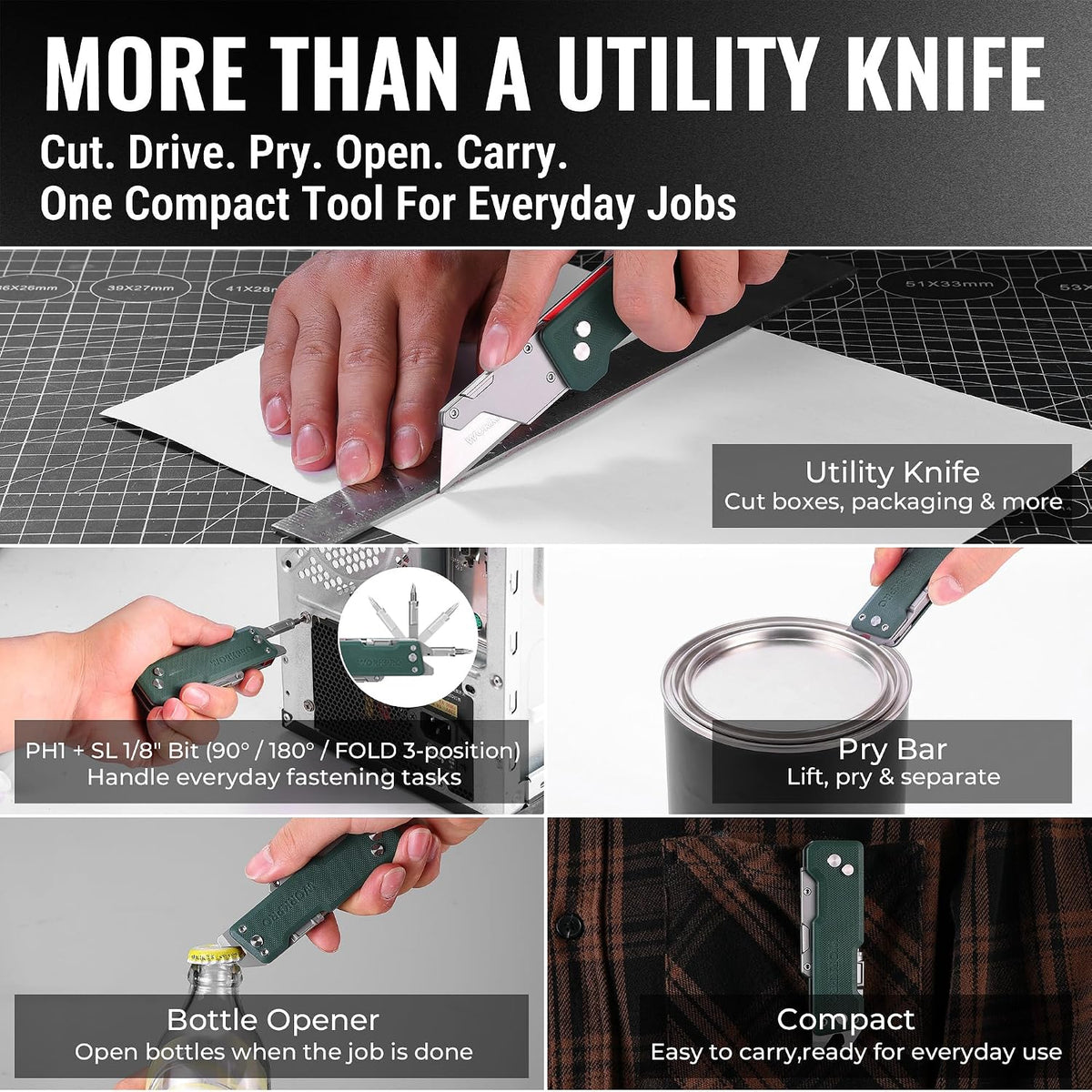WORKPRO CNC Machined Utility Knife with extra 10 Blades, G10 Green Handle