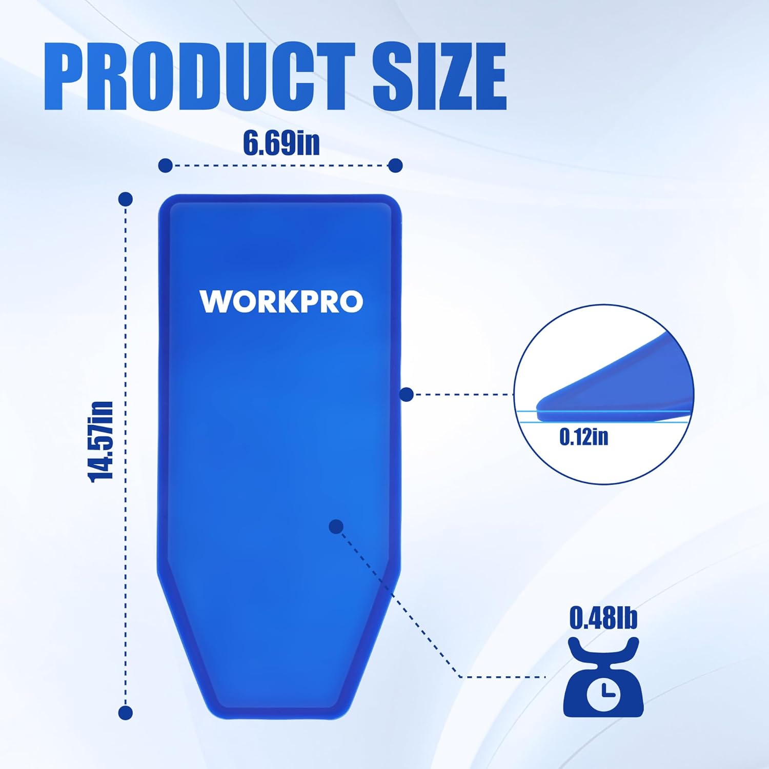 Blue foldable oil funnel with WORKPRO logo, size guide for quick oil changes