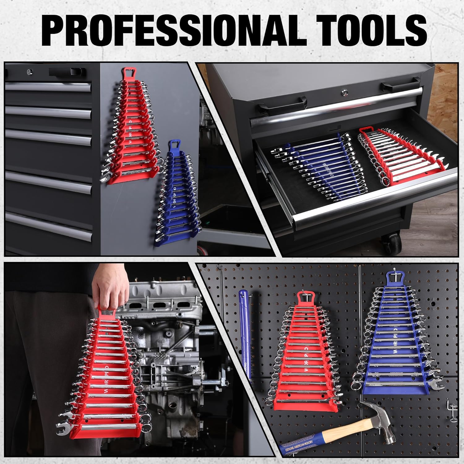 Two magnetic wrench rack holders shown in a tool drawer and on a pegboard