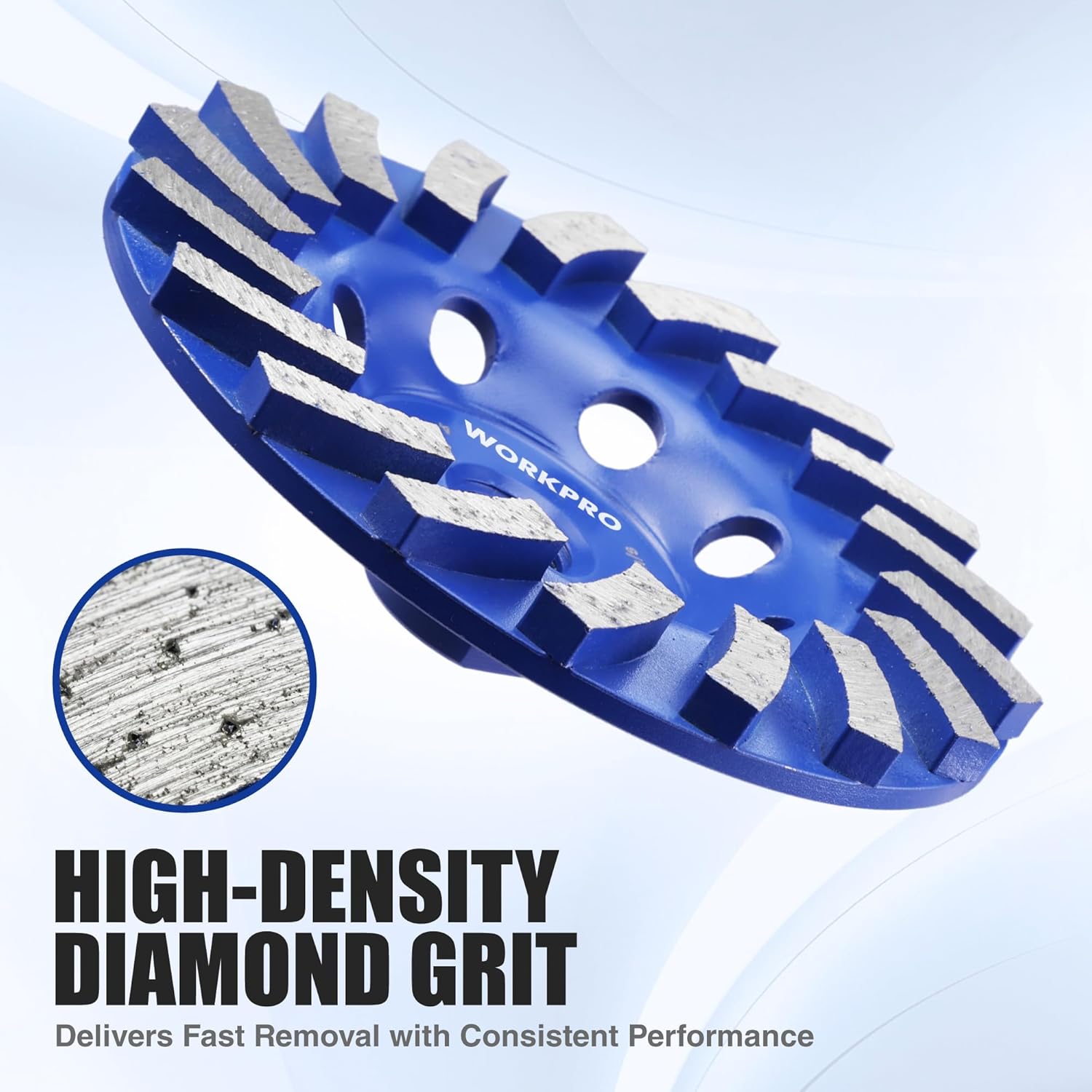 Blue diamond grinding cup wheel with vent holes and segmented diamond teeth