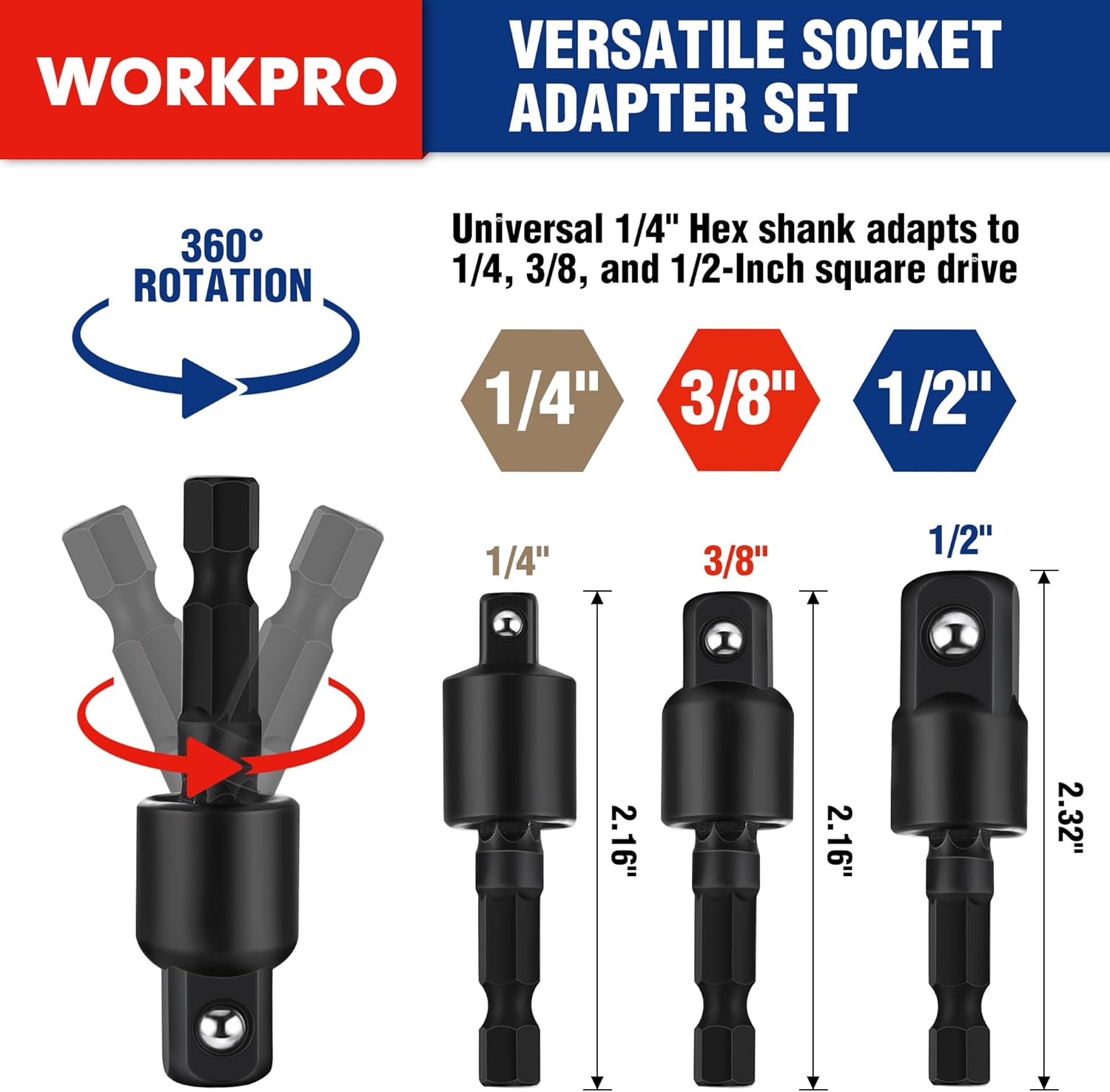 WORKPRO swivel socket adapters with 360° rotation for 1/4, 3/8, and 1/2 drives