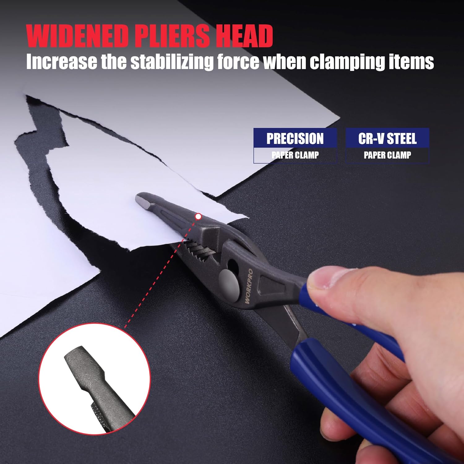 Long nose slip joint pliers with widened head for clamping, blue-and-gray handles