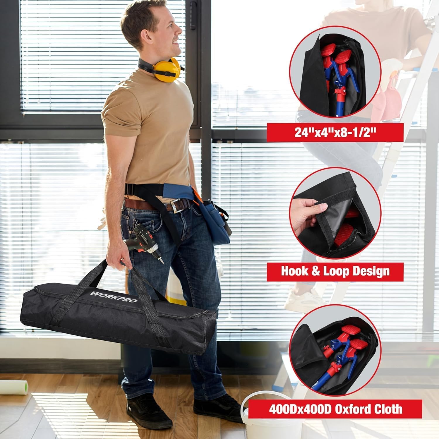 Four blue telescopic support poles with red handles and a black storage bag