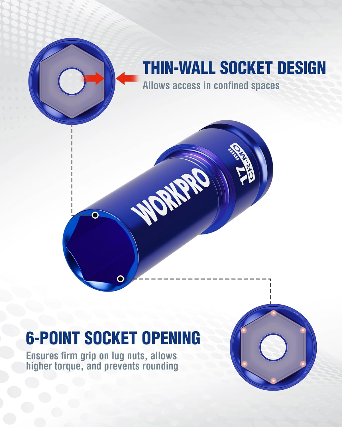Thin-wall lug nut impact socket design with 6-point opening for tight spaces