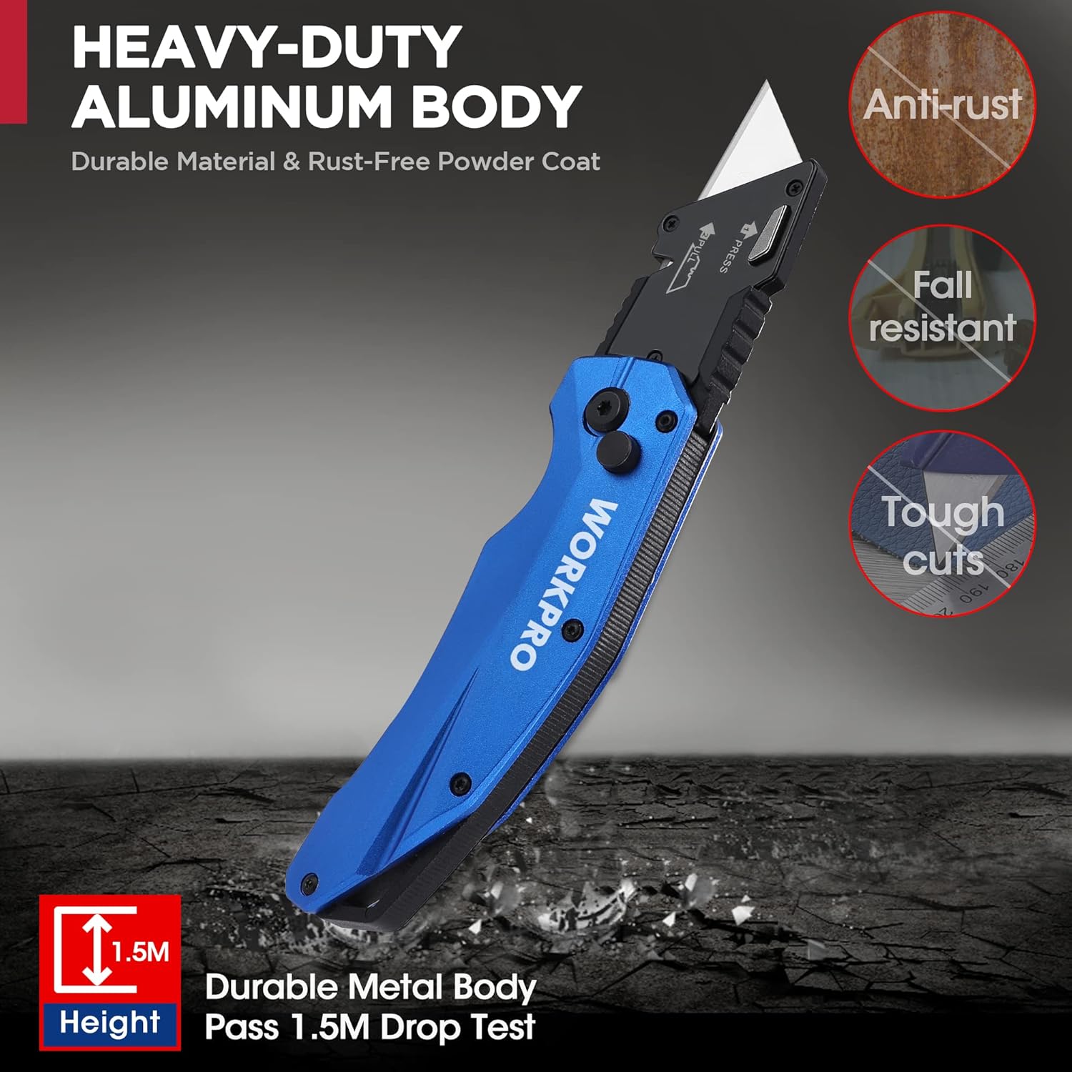 Blue folding utility knife with black serrated grip and heavy-duty metal body