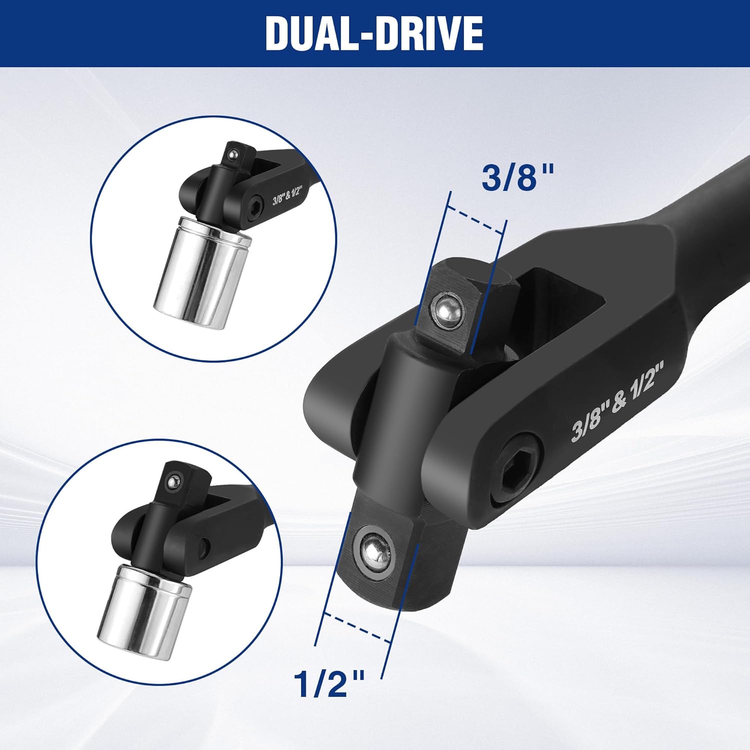 Dual-drive breaker bar showing 3/8 in and 1/2 in drive ends on black head