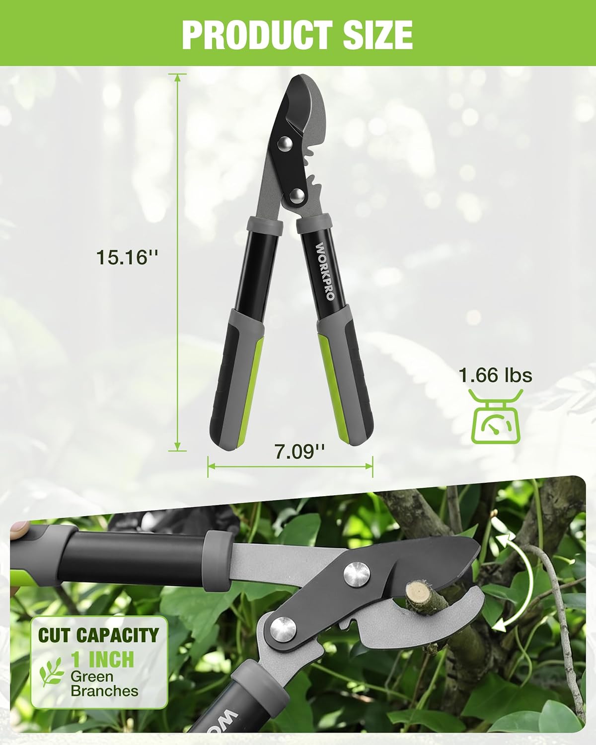15-inch bypass loppers with green accents and black handles