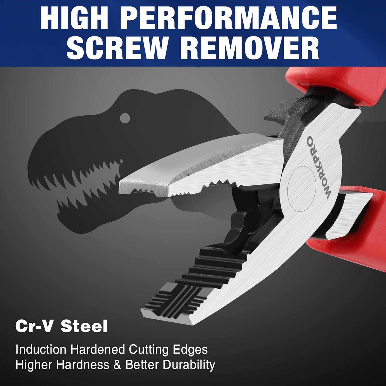 Screw extractor pliers with serrated non-slip jaws and red handle, focused on extraction teeth