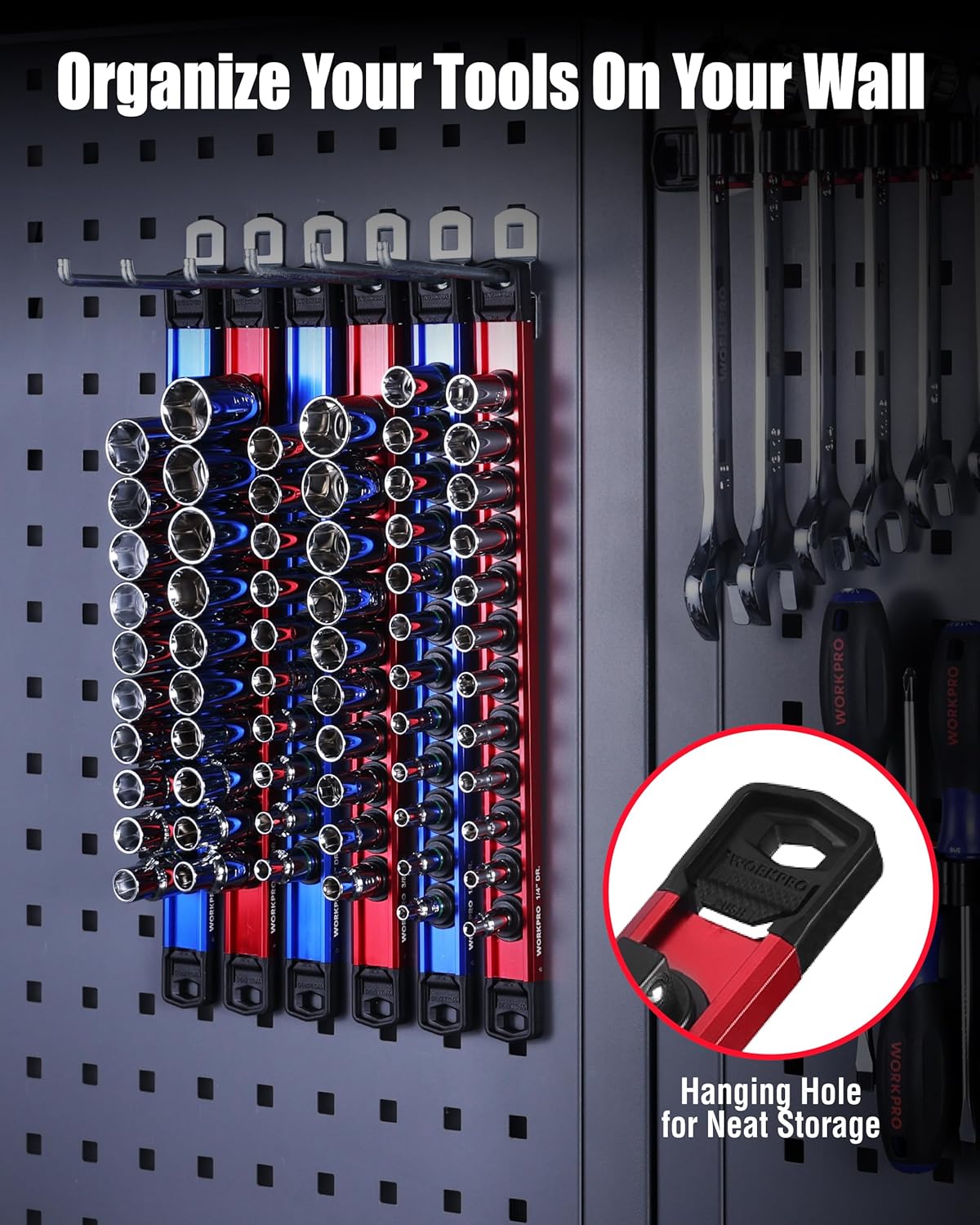 Magnetic tool organizer panel with hanging hole and blue/red rails for wall storage