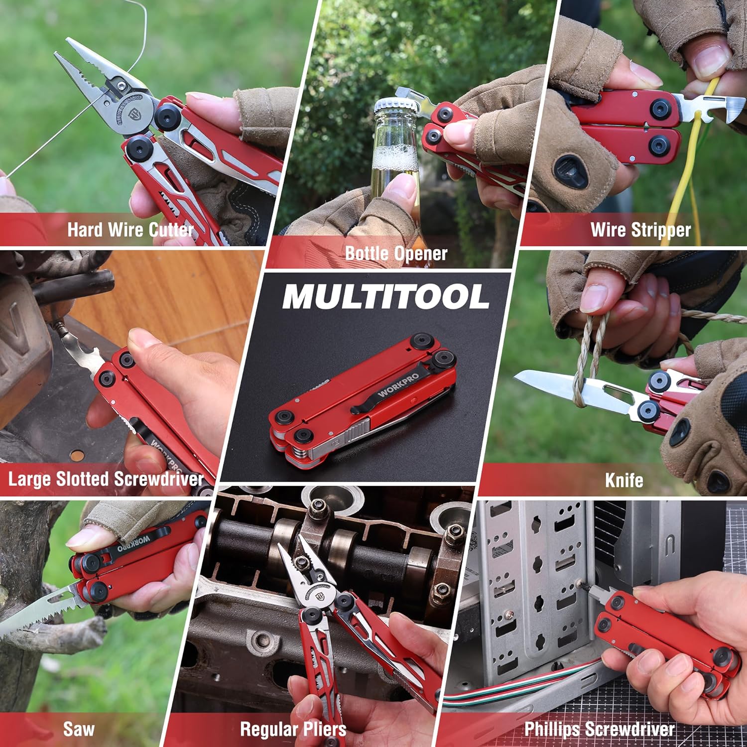 Red multitool showing bottle opener, wire stripper, knife, saw, and screwdriver tips