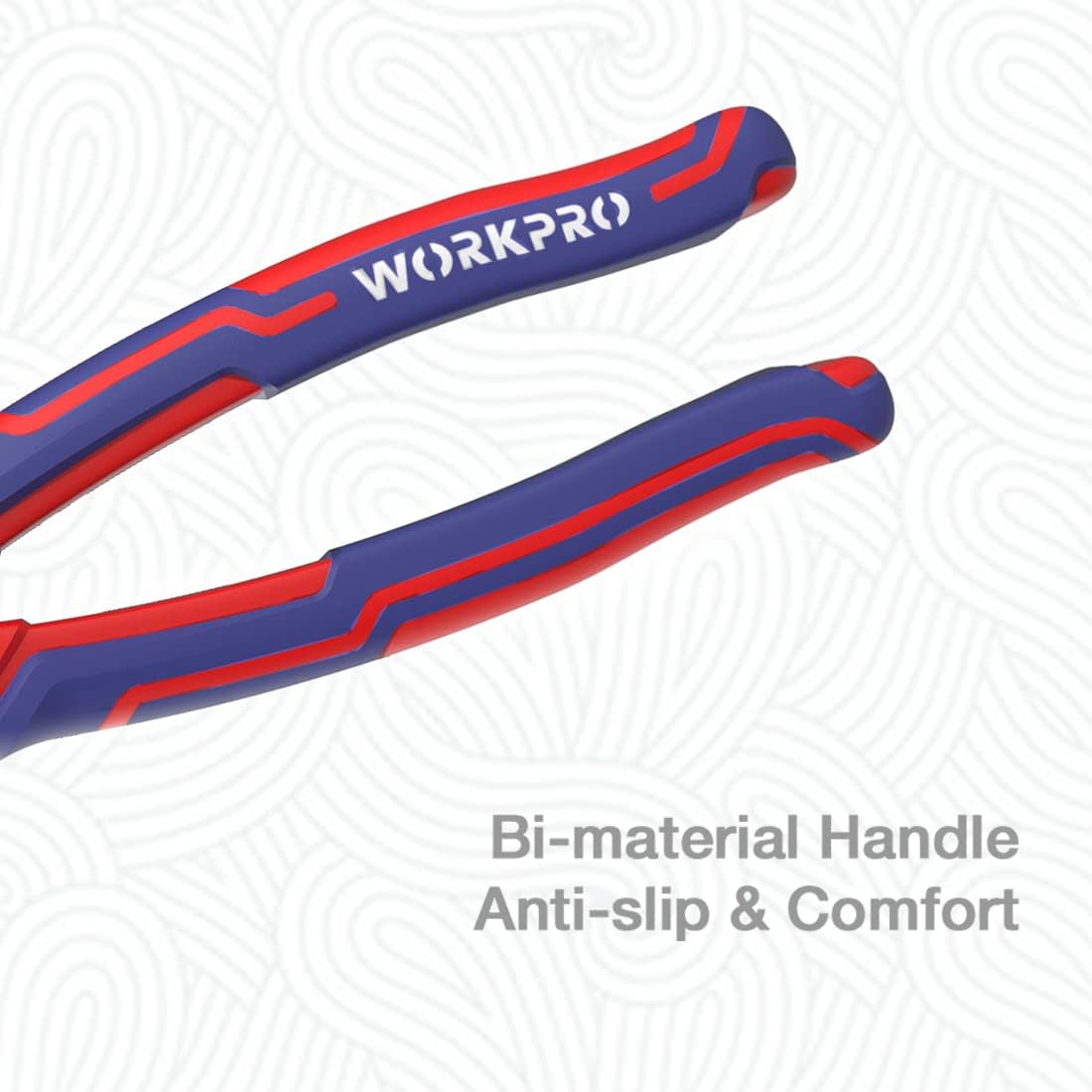 Red and blue bi-material anti-slip handle grips on linesman pliers