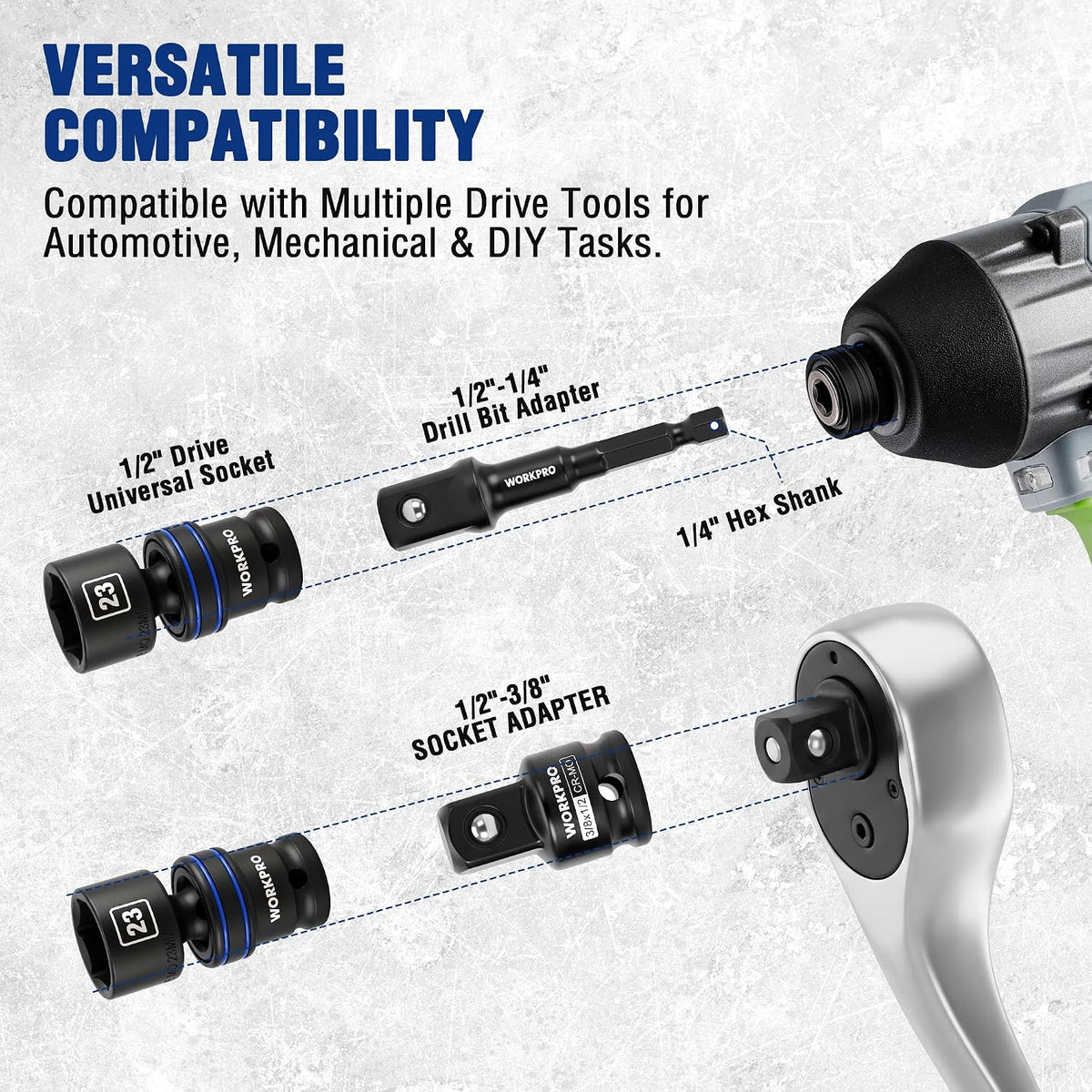 WORKPRO 18-Piece 1/2" Dr. Universal Impact Socket Set, Metric