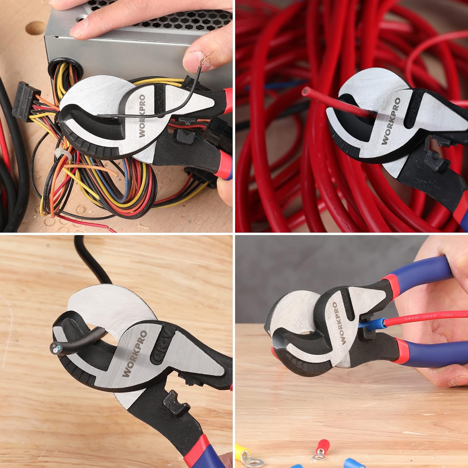 Cable cutter cutting multi-wire cable near a connector, blue/red tool grips