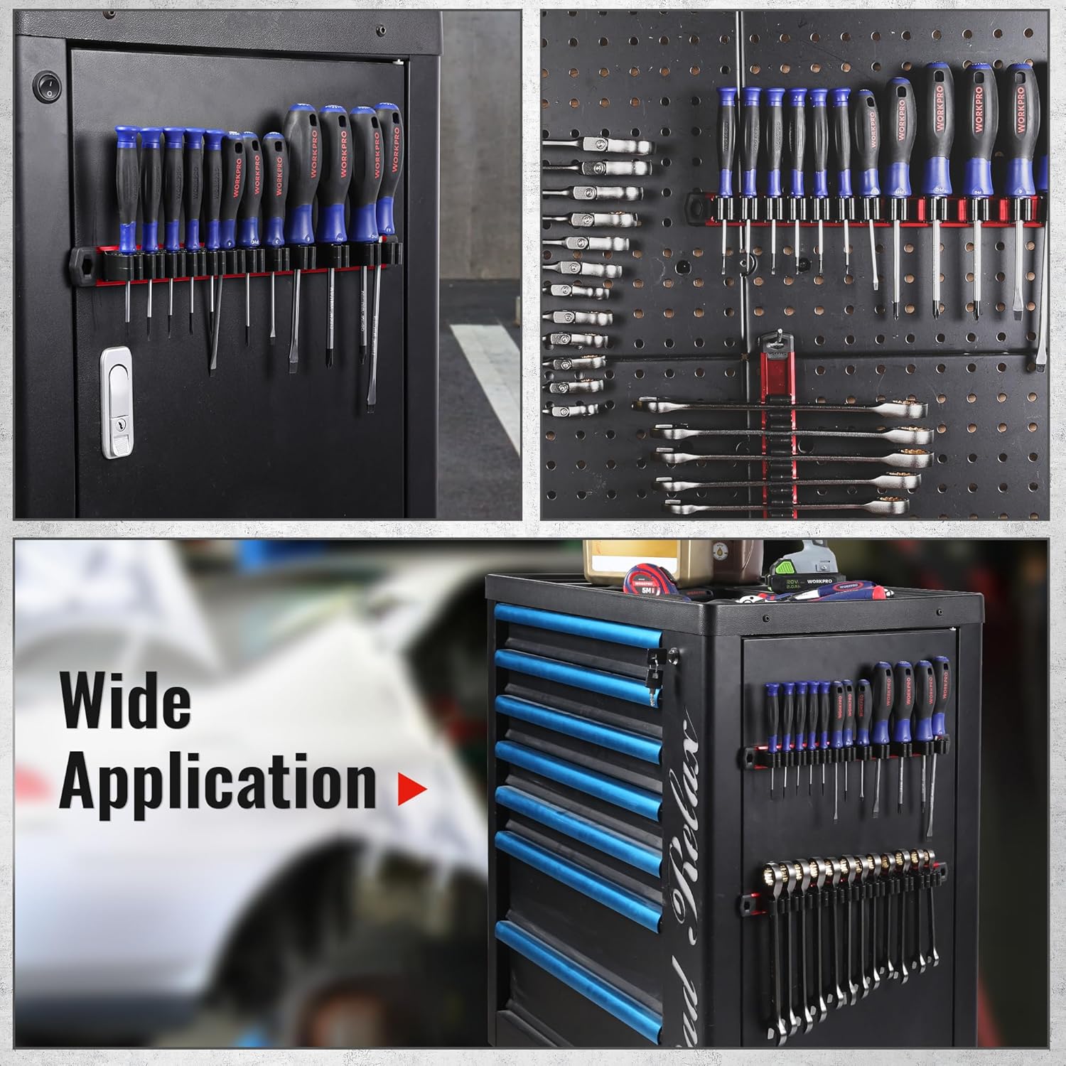 Tool organization set showing wall panel and cabinet drawer storage with screwdriver and wrench slots.