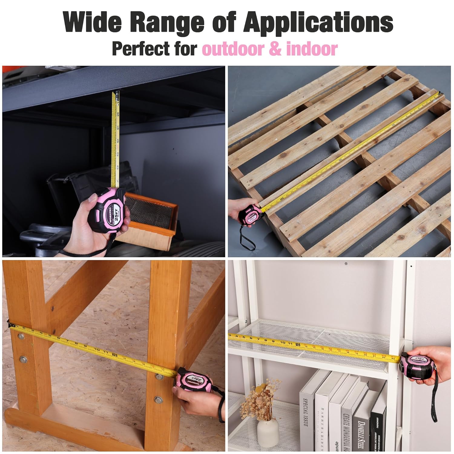 Pink WORKPRO 25 ft tape measure shown measuring wood and shelving