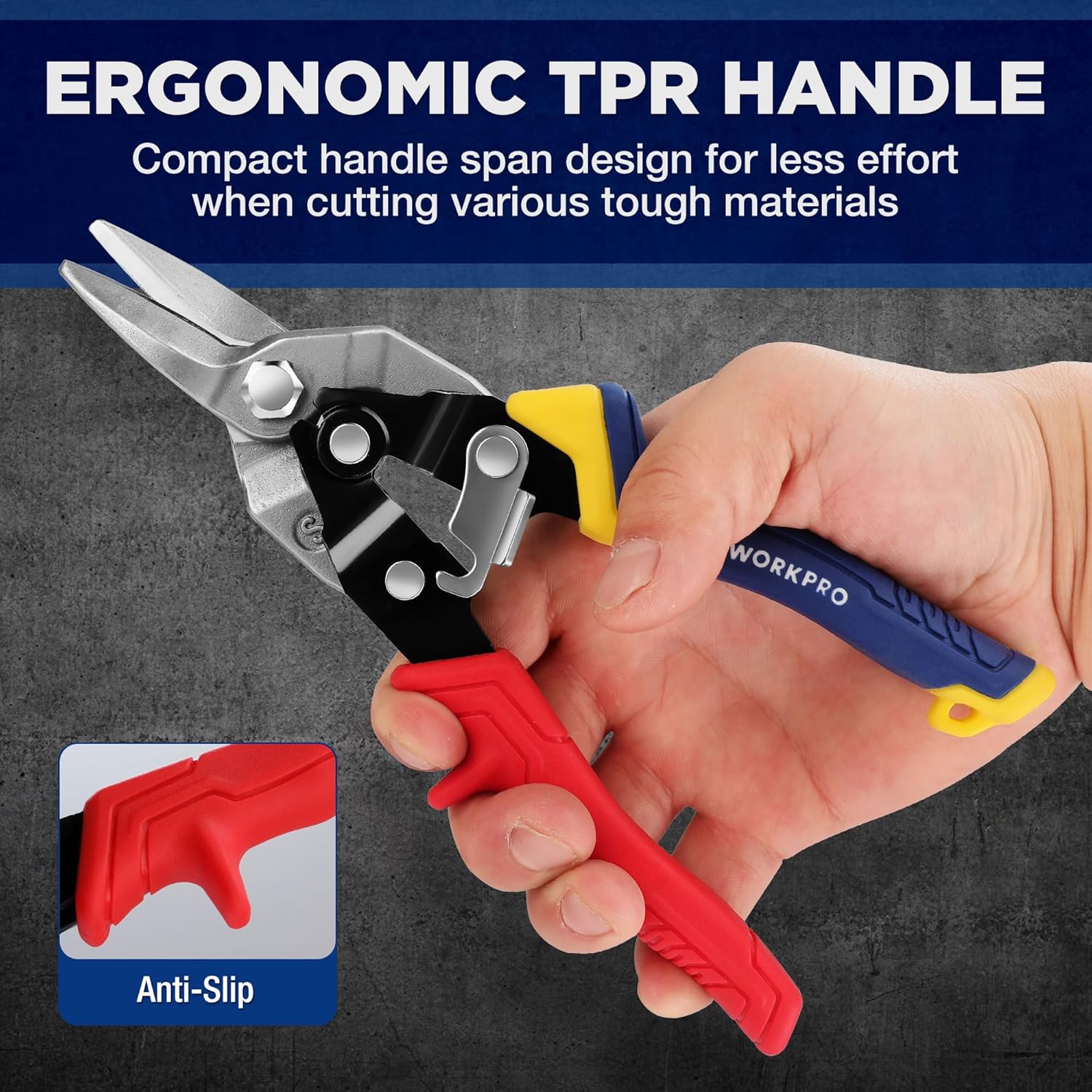 Ergonomic aviation snips with anti-slip TPR handle in red and blue with yellow grip
