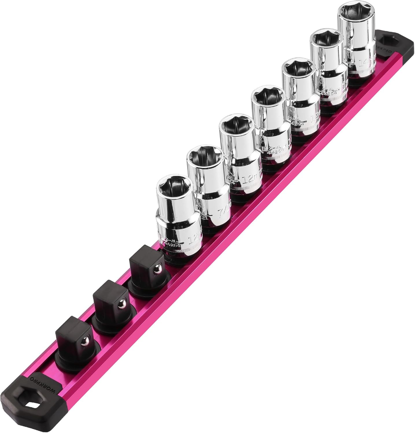 Rose red socket rail with chrome sockets and black magnetic clips in a row