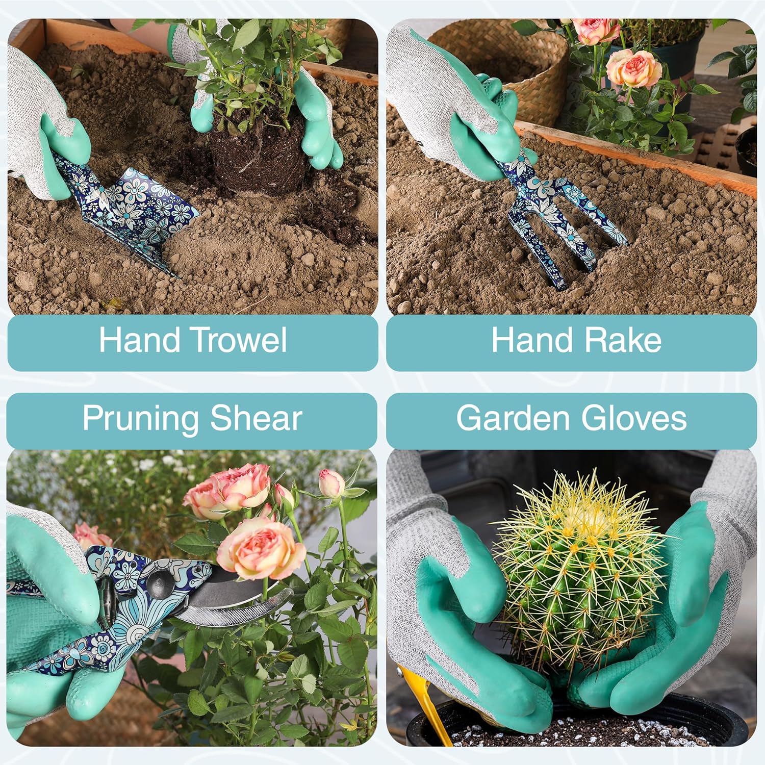 Gardening tools in blue floral pattern, including hand trowel, hand rake, pruners, and gloves