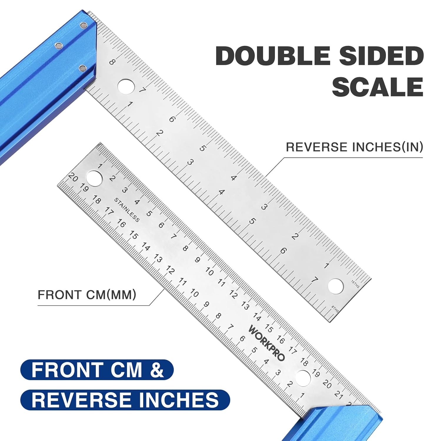 Double-sided measuring blade with cm and reverse inches scales on a blue handle square