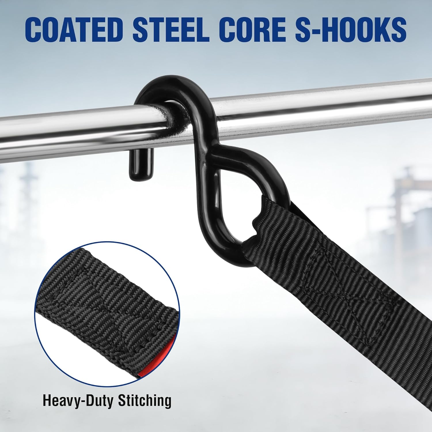Black coated steel S-hook on webbing strap with heavy-duty stitching detail
