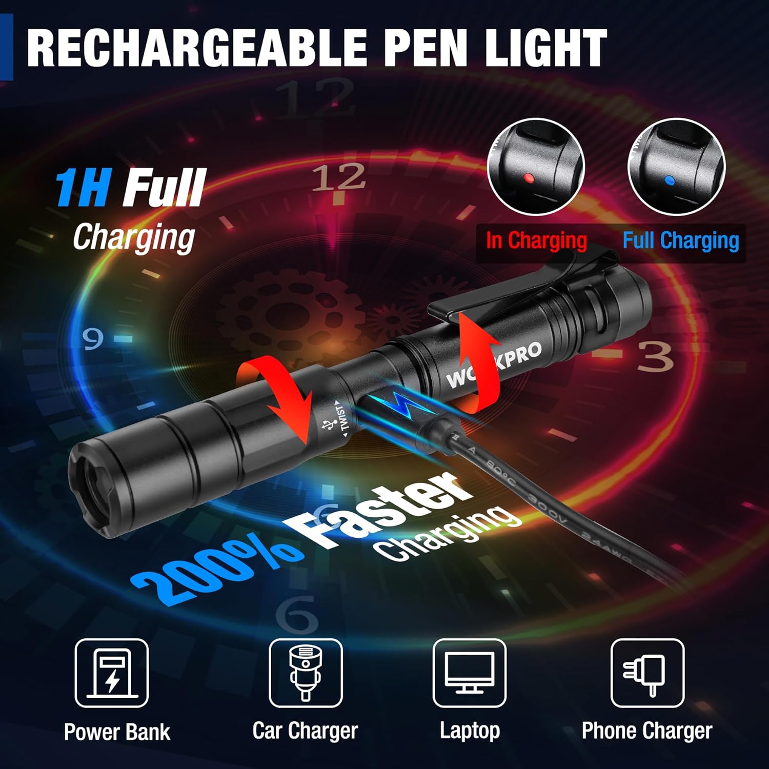 Black rechargeable mini pen flashlight, compact cylinder with side button and lens.