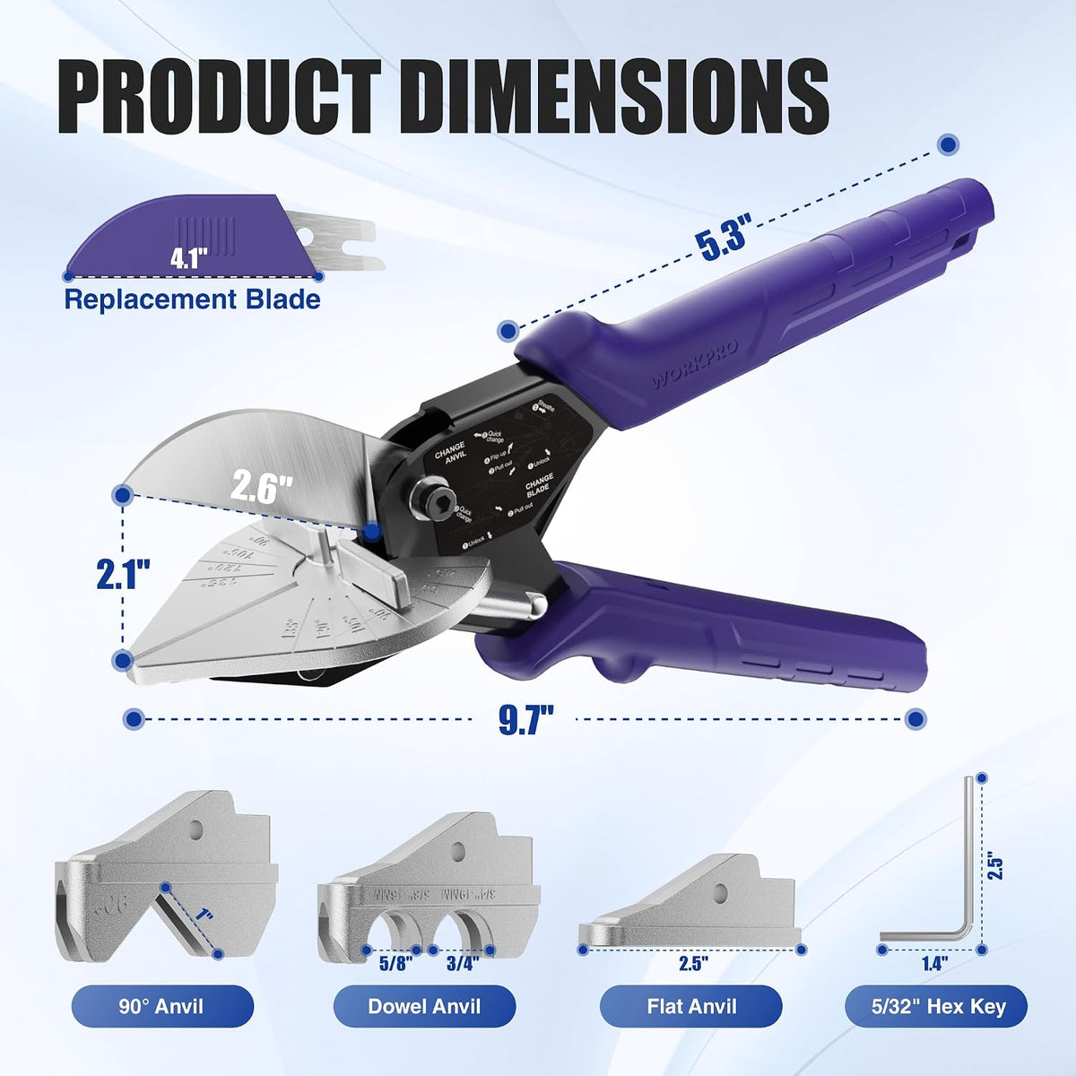 WORKPRO Miter Shears with 4 Anvils & Blade, Quarter Round Cutter Tool | Storage Bag Included; Replacement Blade; 45°-135° Adjustable; 4 Anvils For Cutting PVC Trunk/Trim/Softwood Moulding/Dowels
