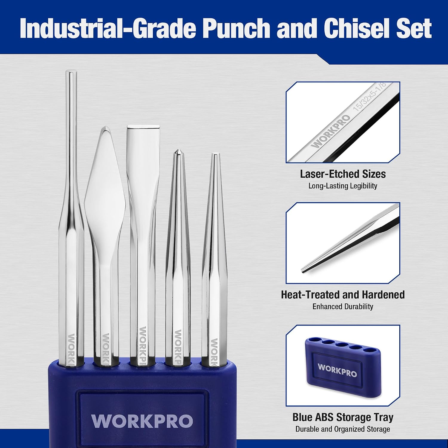 WORKPRO 5-piece punch and chisel set with storage tray, innovation and durable steel tools in blue