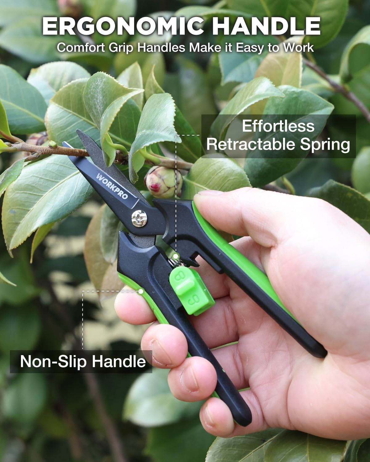 Garden pruning shears with non-slip grip and retractable spring handle